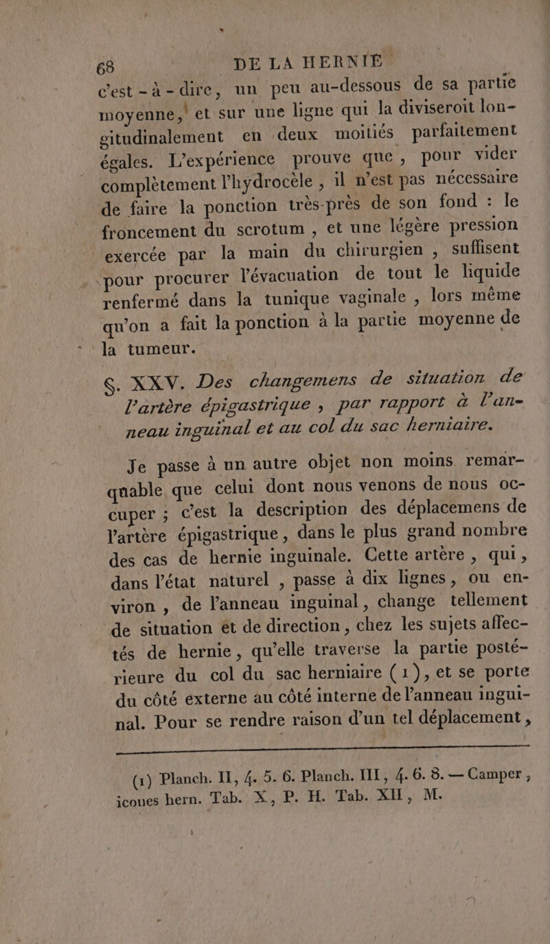 Cest-à-dire, un peu au-dessous de sa partie moyenne! et sur une ligne qui la diviseroit lon- gitudinalement en deux moiliés parfaitement égales. L’expérience prouve que, pour vider de faire la ponction très-près de son fond : le froncement du scrotum , et une légère pression exercée par la main du chirurgien , suflisent renfermé dans la tunique vaginale , lors même qu'on a fait la ponction à la partie moyenne de la tumeur. S. XXV. Des changemens de situation de 9 x pico : 3, x D l’artère épigastrique ; pat rapport à l’an- neau inguinal et au col du sac herniaire. Je passe à un autre objet non moins. remar- quable, que celui dont nous venons de nous oc- cuper ; c'est la description des déplacemens de l'artère épigastrique , dans le plus grand nombre des cas de hernie inguinale. Cette artère , qui, dans l'état naturel , passe à dix lignes, ou en- viron, de l’anneau inguinal, change tellement de situation ét de direction, chez les sujets affec- tés de hernie, qu’elle traverse la partie posté- rieure du col du sac herniaire (1), et se porte du côté externe au côté interne de l’anneau ingui- nal. Pour se rendre raison d’un tel déplacement, ee e ro rr eee (1) Planch. Il, 4. 5. 6. Planch. III, 4. 6. 8. — Camper, icones hern. Tab. X., P. H. Tab. XI, M.