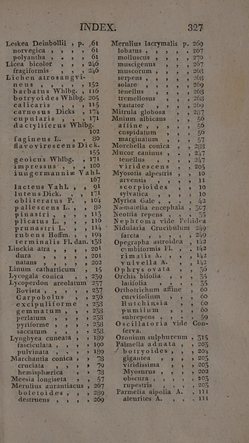 INDEX. 32f Leskea Deinbolli , p. e Merulius lacrymalis p. 269 1 norvegica,, 5» » ». ÓO lohanes i 3 7... QUT polyantha ; 4. » 61 molluscus 5, 5, , , 270 Licea bicolor , , , 246 muscigenus ., , , 207 fragiformis — , » 246 ihuscórum doque P PTS Lichen atrosangyvi- Serbedd. 77. y NL PODH neus . 152 splaxet.. 44, 0 TEST TEE barbatus Whlbg. 116 tenellus:* 4$ ^3... .,1268 botryoides W hibg. 205 trefmellosus .., '; , 208 DPadlcaris. ',: , 4 T5 Nastator.-45. 30737. ^. 713000 arnosus Dicks , 17, Mitrnla globosa | , , 287 'cupularis , ; VMi- Nunun albicans -.,. , '50 dactyliferus Whibg. IPEDOLIEes dM yon T TE 102 cuspidatum , , , 506 fagineus «MO ro STEM marginatum' , , , 57] flavovirescens Dick. Morchella conica , , 28€ 155^ NBicor,éaninusa' , 2^, 233 geoicus Whlbg. , 171 tenebre. 255 9 7 M DR] impressus , ,» , 100 : viridescens , , 205 iungermannie Vahl Myosotis alpestris , , 10 167 aryensis &amp; 2 5 02 15 ET lacteus Vahl. , , 9l ScorpyOides ^, $,' 10 luteus Dick.o7, 7,5 71 sylvatica , , , , 10 obliteratus P. , 104 Mytica. Gale: 4*7, 2 405 pallescens L. , , 99 Nematelia encephala , 507 pinasfíri, , , ,1!j Neotüia repens , 5 5» 55 plicatus L. , , , 116 Nephroma vide Pelidea . prunastri L. , , 1!4' Nidularia Crucibulum 249^ rubens Hoffm. , , 194 farctakc iq iecit terminalis Fl. dan. 158 — Opegrapha astroidea ,.142 Linckia;átrà., , , , 20! cymbiformis Fl. , ^, 142 dura ew BS Bp Timalis.A4/.4 7... 142 natans , ., re A vulvella A. 213 MEA Linum catharticum ; 15 Ophrysovataà , , 36 Lycogala conica , , 239 Orchis bifolia. , .,., 55 Lycoperdon areolatum 257 TaiMoliases9 14 3 7$, 90 Bovista . , » 5.59251 Orthotrichum aime , 60 Carpobolus , ;, 256 curvifolium $ , , 60 -excipuliforme , 223 Hutchinsia 324 Oo gemmatum , , » 253 pumilum $ 392 F 60 perlatum ., 5, » » 238 subrepens ,.» s. , 59 pyriforme , , 5» ^» 258 Oscillatoria vide Con- saccatum , » » » ?38 ferva. Lyngbyea cuneata , » 189 Ozonium sulphureum , 515 fasciculata Ner ed rs. 190 Palmella ad natus... 93045 pulvinata Nass Melde A. Di rst  botryoides » » » 2054 Marchantia conica » » 78 gigautea , 5 , , 205 crücthlaw  v, HEU PP oS. 19 viridissima , , , 205 hemispheerica $0.3 9798 Myosurus. ».» » » 209 Meesia longiseta y deg sy] obscura ; ;, , , , 503 Merulius aurantiacus , 267 Yüpesirist 4:9... 208 boletoides ,/ , ;, 289 Parmelia aipolia A. , 1)1
