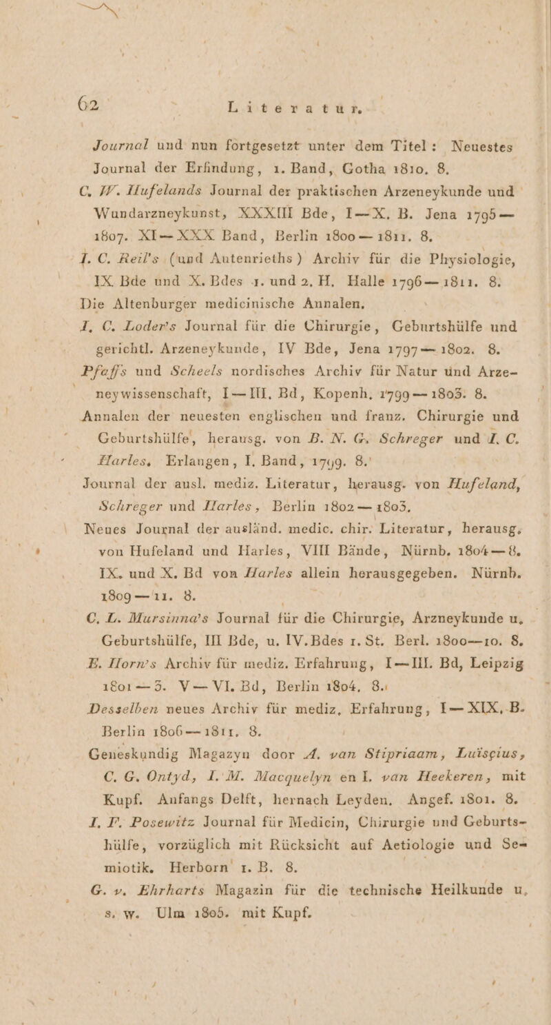 Journal und nun fortgesetzt unter dem Titel: Neuestes Journal der Erfindung, ı. Band, Gotha ı8ıo, 8, C., W. Tiufelands Journal der praktischen Arzeneykunde und Wundarzneykunst, XXXIM Bde, I—X.B. Jena 1795 — 1807. XI— XXX Band, Berlin 1800 — 1811. 8, 1. C. Reil’s (und Autenrieths) Archiv für die Physiologie, IX. Bde und X. Bdes ı.und2.H, Halle 1796— ı8ıı. 8. Die Altenburger medicinische Annalen, J. C. Loder’s Journal für die Chirurgie, Geburtshülfe und gerichtl. Arzeneykunde, IV Bde, Jena 1797— 1902. 8. ‚Ffafs und Scheels nordisches Archiv für Natur ünd Arze- neywissenschaft, I— HI, Bd, Kopenh, 1799— 1803. 8. Annalen der neuesten englischen und franz. Chirurgie und Geburtshülfe, herausg. von B. N. @, Schreger und YA Harles, Erlangen, I. Band, 1749. 8. Journal der ausl. mediz. Literatur, herausg. von Hufeland, Schreger und Harles, Berlin 1802 — 1803. Neues Journal der ausländ. medic. chir. Literatur, herausg, von Hufeland und Harles, VII Bände, Nürnb. 1804—8, IX. und X. Bd von Harles allein herausgegeben. Nürnb. 1309 — 11. 8. C, L. Mursinna’s Journal fe die Chirurgie, Arzneykunde u, Geburtshülfe, II Bde, u. IV.Bdes 1.St. Berl. 1800-10. 8. E. IIorn’s Archiv für mediz. Erfahrung, I—Ill. Bd, Leipzig ı860ı—5. V— VI Bu, Berlin 1804, 8. Desselben neues Archiv für mediz, Erfahrung, I— XIX,-B. Berlin 1806— ı81r. 8. Geneskundig Magazyn door A. var Stipriaam, Luisgius, C. G. Ontyd, I. M. Macquelyn enl. van Heekeren, mit Kupf. Anfangs Delft, hernach Leyden. Angef. 1801. 8. I. F. Posewitz Journal für Medicin, Chirurgie und Geburts- hülfe, vorzüglich mit Rücksicht auf Aetiologie und Se- miotik. Herborn ı.B. 8. G. v. Ehrharts Magazin für die technische Heilkunde u, s, w. Ulm ı805. mit Kupf.