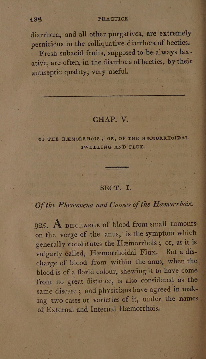 diarrhoea, and all ches purgatives, are extremely pernicious in the colliquative diarrhoea of hectics. Fresh subacid fruits, supposed to be always lax- ative, are often, in the diarrhoea of hectics, by their antiseptic quality, very useful. CRAP i Vi OF THE HEMORRHOIS; OR, OF THE HEMORRHOIDAL “SWELLING AND FLUX. | SEC Task. ‘Of the Phenomena and Causes of the Hemorrhois. ' 925. A pIscHaRGE of blood from small tumours — on the verge of the anus, is the symptom which generally constitutes the Heemorrhois ; or, as it is vulgarly ¢alled, Heemorrhoidal Flux. But a dissll q charge of blood from within the anus, when the 1 blood is of a florid colour, shewing it to have come a from no great distance, is also considered as the same disease; and physicians have agreed in mak- ’ ing two cases or varieties of it, under the names of External and Internal Hemorrhois.