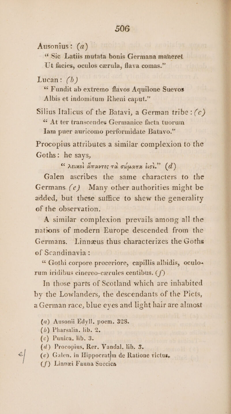 Ausonius: (a) “Sic Latiis mutata bonis Germana maheret Ut facies, oculos cerula, flava comas.” Lucan: (b) ‘“* Fundit ab extremo flavos Aquilone Suevos Albis et indomitum Rheni caput.” Silius Italicus of the Batavi, a German tribe : (c} «¢ At ter transcendes Germanice facta tuorum Jam puer auricomo performidate Batavo.” Procopius attributes a similar complexion to the Goths: he says, “ reves cerayres Ta comare tor (a) Galen ascribes the same characters to the Germans. (e) Many other authorities might be added, but these suffice to shew the generality of the observation. A similar complexion prevails among all the natrons of modern Europe descended from the Germans. Linnzus thus characterizes the Goths of Scandinavia: ‘“¢ Gothi corpore proceriore, capillis albidis, oculo- rum iridibus cinereo-cerules centibus. (f) | In those parts of Scotland which are inhabited by the Lowlanders, the descendants of the Picts, a German race, blue eyes and light hair are almost (a) Ausonii Edyll. poem, 328. (&amp;) Pharsalia. lib. 2, (c) Punica. Hb. 3. (d) Procopius, Rer. Vandal. lib. 3. (e) Galen. in Hippocratlm de Ratione victus,. (f)} Linnei Fauna Suecica