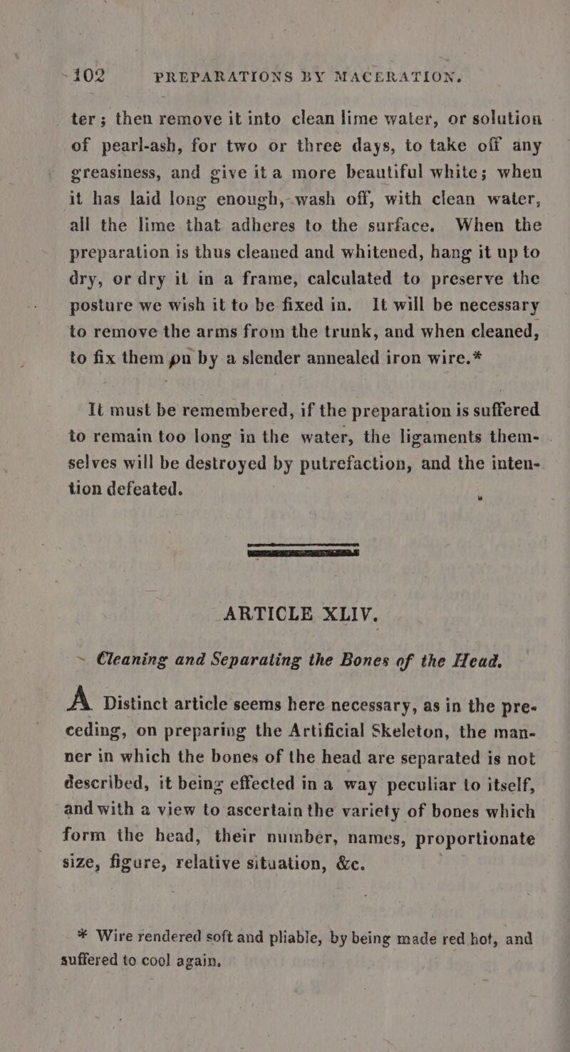ter; then remove it into clean lime water, or solution of pearl-ash, for two or three days, to take off any greasiness, and give ita more beautiful white; when it has laid long enough, wash off, with clean water, all the lime that adheres to the surface. When the preparation is thus cleaned and whitened, hang it up to dry, or dry it in a frame, calculated to preserve the posture we wish it to be fixed in. It will be necessary to remove the arms from the trunk, and when cleaned, to fix them pn by a slender annealed iron wire.* It must be remembered, if the preparation is suffered to remain too long in the water, the ligaments them- selves will be destroyed by putrefaction, and the inten- tion defeated. , PS A LIT CAAT ISTE ARTICLE XLIV. ~ Cleaning and Separating the Bones of the Head. A Distinct article seems here necessary, as in the pre- ceding, on preparing the Artificial Skeleton, the man- ner in which the bones of the head are separated is not described, it being effected in a way peculiar to itself, and with a view to ascertain the variety of bones which form the head, their number, names, proportionate size, figure, relative situation, &amp;c. * Wire rendered soft and pliable, by being made red hot, and suffered to cool again,