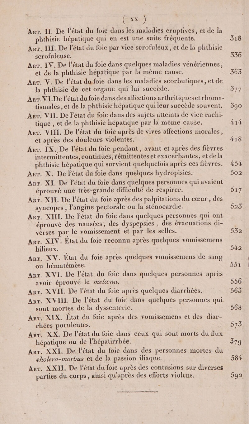 Anr. II. De l'état du foie dans les maladies éruptives, et de la phthisie hépatique qui en est une suite fréquente. Arr. lil. De l’état du foie par vice scrofuleux, et de la phihisie scrofuleuse. Arr. IV. De l’état du foie dans quelques maladies vénériennes, et de la phthisie hépatique par la même cause. Arr. V. De l’état du foie dans les maladies scorbutiques, et de la phthisie de cet organe qui lui succède. Arr. VI. De l’état du foie dans des affections arthritiquesetrhuma- tismales , et de la phthisie hépatique qui leur succède souvent. Arr. Vil. De l’état du foie dans des sujets atteints de vice racai- tique , et de la phthisie hépatique par la même cause. Arr. VIII. De l'état du foie après de vives affections morales, et après des douleurs violentes. Arr. IX. De l’état du foie pendant, avant et après des fièvres intermittentes, continues, rémittentes et exacerbantes, et dela phthisie hépatique qui survient quelquefois après ces fièvres. Arr. X. De l’état du foie dans quelques hydropisies. Arr. XI. De l’état du foie dans quelques personnes qui avaient éprouvé une très-grande difficulté de respirer. Arr. XII. De l’état du foie après des palpitations du cœur, des syncopes , l'angine pectorale ou la sténocardie. Arr. XIII. De l’état du foie dans quelques personnes qui ont éprouvé des nausées, des dyspepsies , des évacuations di- verses par le vomissement et par les selles. Art. XIV. État du foie reconnu après quelques vomissemens bileux. AnT. XV. État du foie après quelques vomissemens de sang ou hématémèse. Arr. XVI. De l’état du foie dans quelques personnes après avoir éprouvé le melæna. | Arr. XVII. De l’état du foie après quelques diarrhées. Arr. XVIII. De l’état du foie dans quelques personnes qui sont mortes de la dyssenterie. Arr. XIX. État du foie après des vomissemens et des diar- rhées purulentes. Arr. XX. De l’état du foie dans ceux qui sont morts du flux hépatique ou de l'hépaurrhée. Arr. XXI. De l’état du foie dans des personnes mortes du cholera-morbus et de la passion iliaque. Arr. XXII. De l’état du foie après des contusions sur diverses parties du corps, ainsi qu'après des efforts violens. enhems AA de La 9 318 336 363