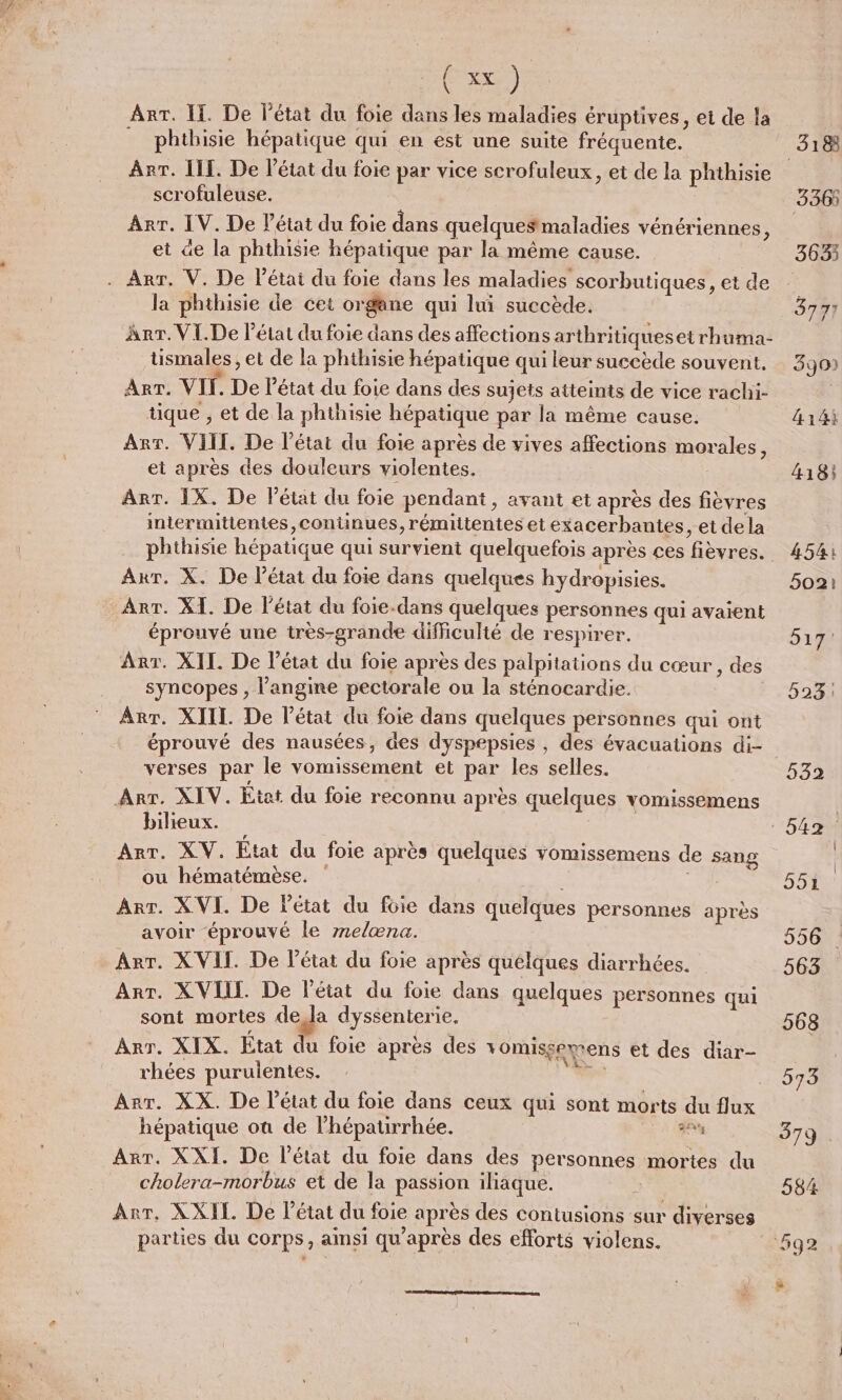 (x) ART. If. De l'état du foie dans les maladies éruptives, et de la phthisie hépatique qui en est une suite fréquente. Arr. IL. De l'état du foie par vice scrofuleux , et de la phthisie scrofuleuse. | Arr. IV. De l’état du foie dans quelques maladies vénériennes, et de la phthisie hépatique par la même cause. . Arr. V. De l’état du foie dans les maladies scorbutiques, et de la phthisie de cet organe qui lui succède. Arr. VI. De l’état du foie dans des affections arthritiquesetrhuma- tismales , et de la phthisie hépatique qui leur succède souvent. Arr. VIT. De l’état du foie dans des sujets atteints de vice rachi- tique , et de la phthisie hépatique par la même cause. Arr. VIII. De l’état du foie après de vives affections morales, et après des douleurs violentes. Arr. IX. De l'état du foie pendant, avant et après des fièvres intermittentes, continues, rémittentes et exacerbantes, et dela phthisie hépatique qui survient quelquefois après ces fièvres. Axr. X. De l’état du foie dans quelques hydropisies. _ Arr. XI. De l’état du foie.dans quelques personnes qui avaient éprouvé une très-grande difficulté de respirer. Arr. XIL De l’état du foie après des palpitations du cœur, des syncopes , l’angine pectorale ou la sténocardie. | Arr. XIII. De l’état du foie dans quelques personnes qui ont éprouvé des nausées, äes dyspepsies , des évacuations di- verses par le vomissement et par les selles. Arr. XIV. État du foie reconnu après quelques vomissemens bilieux. Arr. XV. État du foie après quelques vomissemens de sang ou hématémèse. ME x Arr. XVI. De létat du foie dans quelques personnes après avoir ‘éprouvé le melæna. ArT. XVII. De l’état du foie après quelques diarrhées. Arr. XVII. De l’état du foie dans quelques personnes qui sont mortes dela dyssenterie. ART. XIX. État du foie après des vomissemens et des diar- = rhées purulentes. % Arr. XX. De l’état du foie dans ceux qui sont morts du flux hépatique où de l’hépatirrhée. 24 Arr. XXI. De l’état du foie dans des personnes mortes du cholera-morbus et de la passion iliaque. parties du corps, ainsi qu'après des efforts violens.