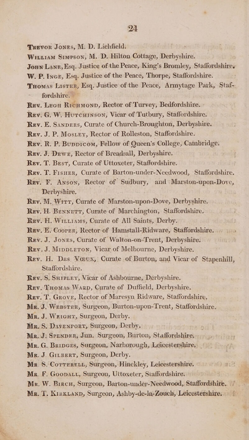 : ign . Trevor Jones, M. D. Lichfield. Witttam Simpson, M. D. Hilton Cottage, Derbyshire. Joun Lanz, Esq. Justice of the Peace, King’s Bromley, Staffordshire. W. P. Incr, Esq. Justice of the Peace, Thorpe, Staffordshire. Rev. Lecs Rrcumonpn, Rector of Turvey, Bedfordshire. » Rev. G. W. Hurcutnson, Vicar of Vutbury, Staffordshire. Rev. E. Sanpers, Curate of Church-Broughton, Derbyshire. Rev. J. P. Mostey, Rector of Rolleston, Staffordshire. Rev. R. P. Buppicom, Fellow of Queen’s College, Cambridge. Rev. J. Dewe, Rector of Breadsall, Derbyshire. Rev. T. Best, Curate of Uttoxeter, Staffordshire. Rev. T. Fisuer, Curate of Barton-under-Needwood, Staffordshire. Rev. F. Anson, Rector of Sudbury, and Marston-upon-Dove, Derbyshire. . Rev. M, Wirt, Curate of Marston-upon-Dove, Derbyshire. Rev. H. Bennet, Curate of Marchington, Staffordshire. Rev. H. Wirziams, Curate of All Saints, Derby. Rev. E. Cooper; Rector-of Hamstall-Ridware, Staffordshire. Rev. J. Jones, Curate of Walton-on-Trent, Derbyshire. Rev. J. Mrppieton, Vicar of Melbourne, Derbyshire. Rev. H. Des. Vaux, Curate of Burton, and Vicar of Stapenhill, Staffordshire. Rev. 8, Surerey, Vicar of Ashbourne, Derbyshire. Rev. THomas Warp, Curate of Dutfield, Derbyshire. Rev. T. Grove, Rector of Maresyn Ridware, Staffordshire. Ma. J. Wesster, Surgeon, Burton-upon-Trent, Staffordshire. Mr. J. Wricut, Surgeon, Derby. Mr. S. Davenrort, Surgeon, Derby, Mr. J. Spenprr, Jun. Surgeon, Burton, Staffordshire. Mr. G. Bripces, Surgeon, Narborough, Leicestershire, _ Mr. J. Gitzert, Surgeon, Derby. Mr. S. Correrett, Surgeon, Hinckley, Leicestershire. Mr. F. Goopatt, Surgeon, Uttoxeter, Staffordshire. Mr. W. Bircu, Surgeon, Barton-undér-Needwood, Staffordshire. Me. T. KixxLanb, Surgeon, Ashby-de-la-Zouch, Leicestershire. - : |