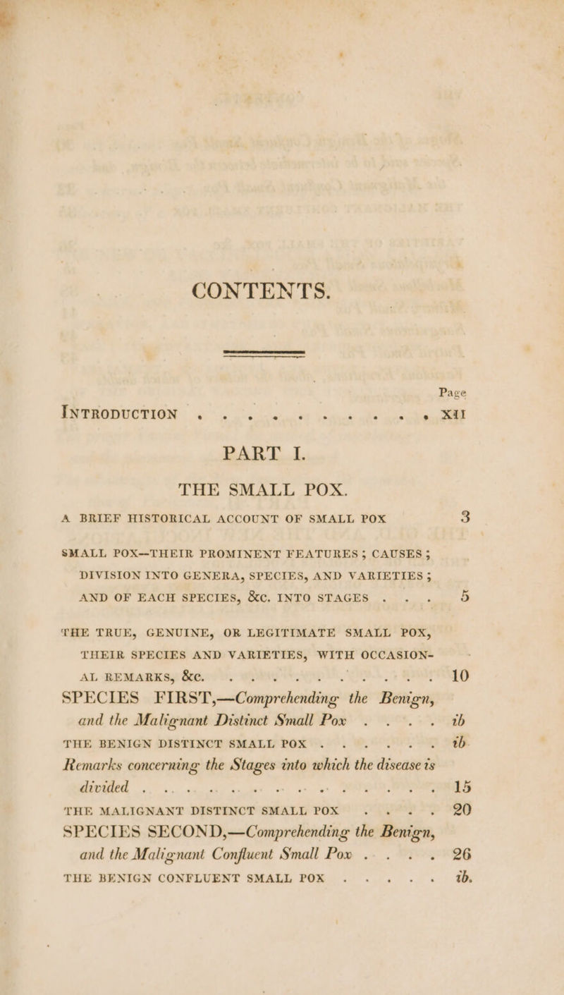 CONTENTS. : ERSROHUCTION cw ok ens ae Go PART I. THE SMALL POX. A BRIEF HISTORICAL ACCOUNT OF SMALL POX hs SMALL POX--THEIR PROMINENT FEATURES 3 CAUSES} DIVISION INTO GENERA, SPECIES, AND VARIETIES 3 AND OF EACH SPECIES, &c, INTO STAGES vos ae ae THE TRUE, GENUINE, OR LEGITIMATE SMALL POX, THEIR SPECIES AND VARIETIES, WITH OCCASION- AL BEMARKS, &e. . °.. 10 SPECIES. FIRST sansiaoepreciaig® the et and the Malignant Distinct Small Pox . Sa 3, THE BENIGN DISTINCT SMALL POX OS aS See Remarks concerning the Stages into which the disease is I” PrP Sat Spee i pin Wyre THE MALIGNANT DISTINCT SMALL POX .. . . 20 SPECIES SECOND,—Comprehending the Benign, and the Malignant Confluent Small Pow .. . . . 26 THE BENIGN CONFLUENT SMALL POX . .. . . @,