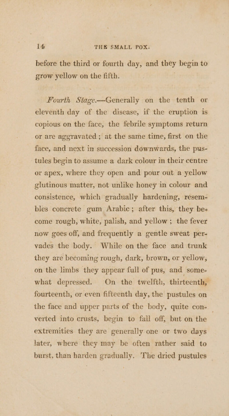 before the third or fourth day, and rst begin to grow yellow on the fifth. Fourth Stage—Generally on the tenth or eleventh day of the disease, if the eruption is copious on the face, the febrile symptoms return or are aggravated ; at the same time, first on the face, and next in succession downwards, the pus- tules begin to assume a dark colour in their centre or apex, where they open and pour out a yellow glutinous matter, not unlike honey in colour and consistence, which gradually hardening, resem- bles concrete gum Arabic; after this, they bes come rough, white, palish, and yellow ; the fever now goes off, and frequently a gentle sweat per- vades the body. While on the face and trunk they are becoming rough, dark, brown, or yellow, on the limbs they appear full of pus, and some- what depressed. On the twelfth, thirteenth, fourteenth, or even fifteenth day, the pustules on the face and upper parts of the body, quite con-— verted into crusts, begin to fall off, but on the extremities they are generally one or two days later, where they may be often rather said to burst, than harden gradually. The dried pustules