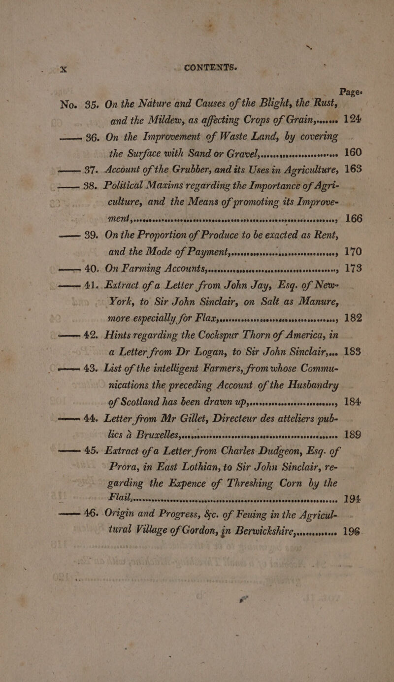 No. $5 e —— 37. es CONTENTS. and the Mildew, as affecting Crops of Grain,...0.«e On the Improvement of Waste Land, by covering the Surface with Sand or Grravvel,.s.craerseoereereseerere Account of the Grubber, and its Uses in Agriculture, —— 39 —— £2, een 43, ani culture, and the Means of promoting its Improve- “MENA servesssererrecveenserceeorsecsceseresseceresneccenesescescooeesy On the Proportion of Produce to be exacted as Rent, and the Mode of PB seenentssssiisasaphvesnbuaigenapsseiens On Farming Accouttbayaiel wns dosspusadbdolistteek bectsrey Extract of a Letter from John Jay, Esq. of New- York, to Sir John Sinclair, on Salt as Manure, more. espectally For Flat, .seresserssevcvesevsensccereveesesecey Hints regarding the Cockspur Thorn of America, in a Letter from Dr Logan, to Sir John Sinclair... List of the intelligent Farmers, from whose Commu- nications the preceding Account of the Husbandry of Scotland has been drawn Up, .svrr00erecrecererseseceseey 182 183 184 lics a Bhuccellesssie hs digtletslicbiccovesesata Melerodtiass Extract of a Letter from Charles Dudgeon, Esq. of Prora, in East Lothian, to Ser John Sinclair, re- 189 Flail; C00 cee eorsoneceosee Cocoestcesseve COD AP COR EOS OOE SEO EOOOOROOR SLO ESS Origin and Progress, &amp;c. of Feuing in the Agricul tural Village of Gordon, jn Berwickshire,sssersseeee 194 196.