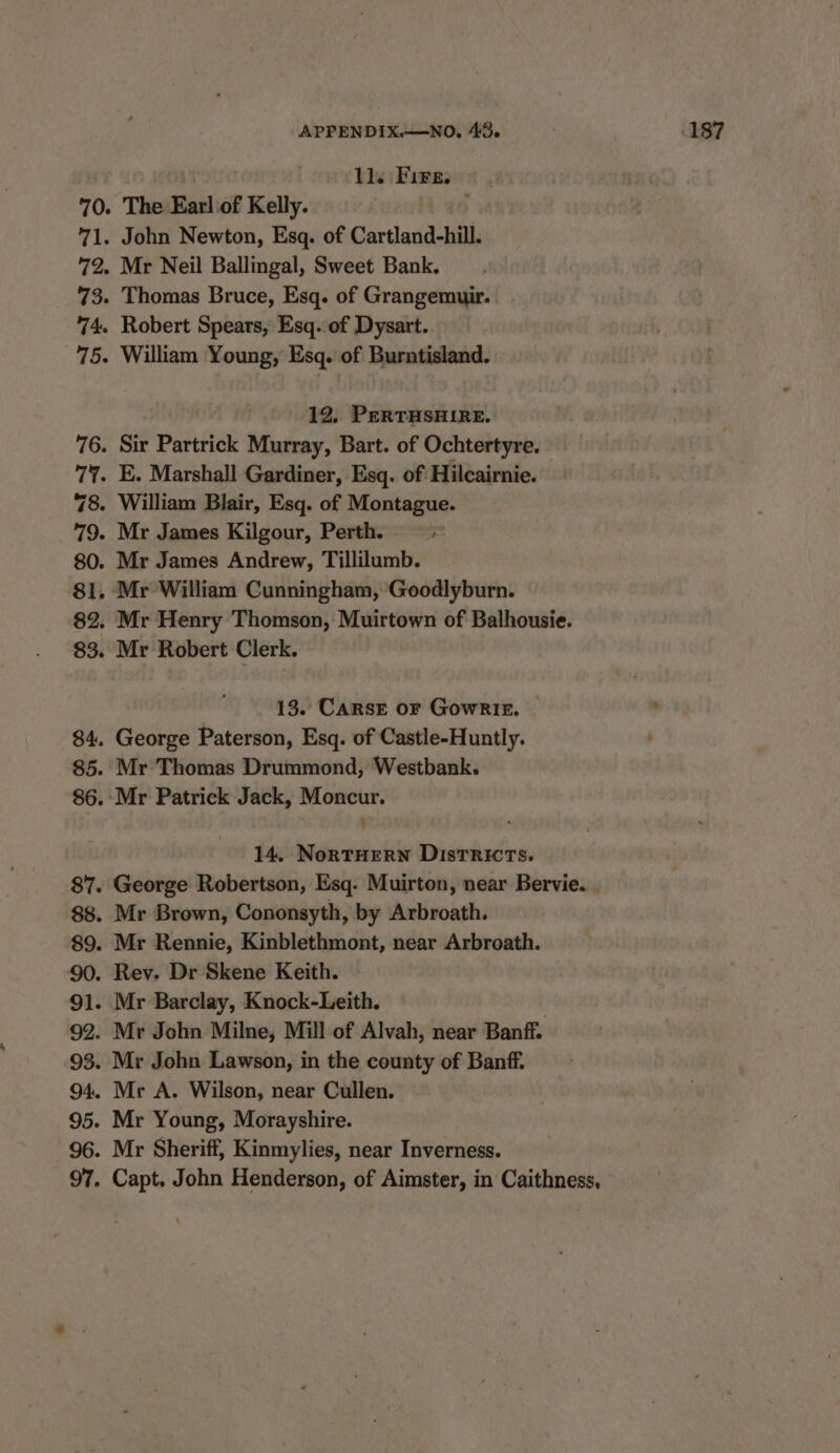 1l. Fire. 12. PERTHSHIRE. Mr James Andrew, Tillilumb. Mr William Cunningham, Goodlyburn. Mr Robert Clerk. 13. Carse or GowRIE. | 14. NorTHERN DistTREICTS. Mr Barclay, Knock-Leith. Capt. John Henderson, of Aimster, in Caithness,