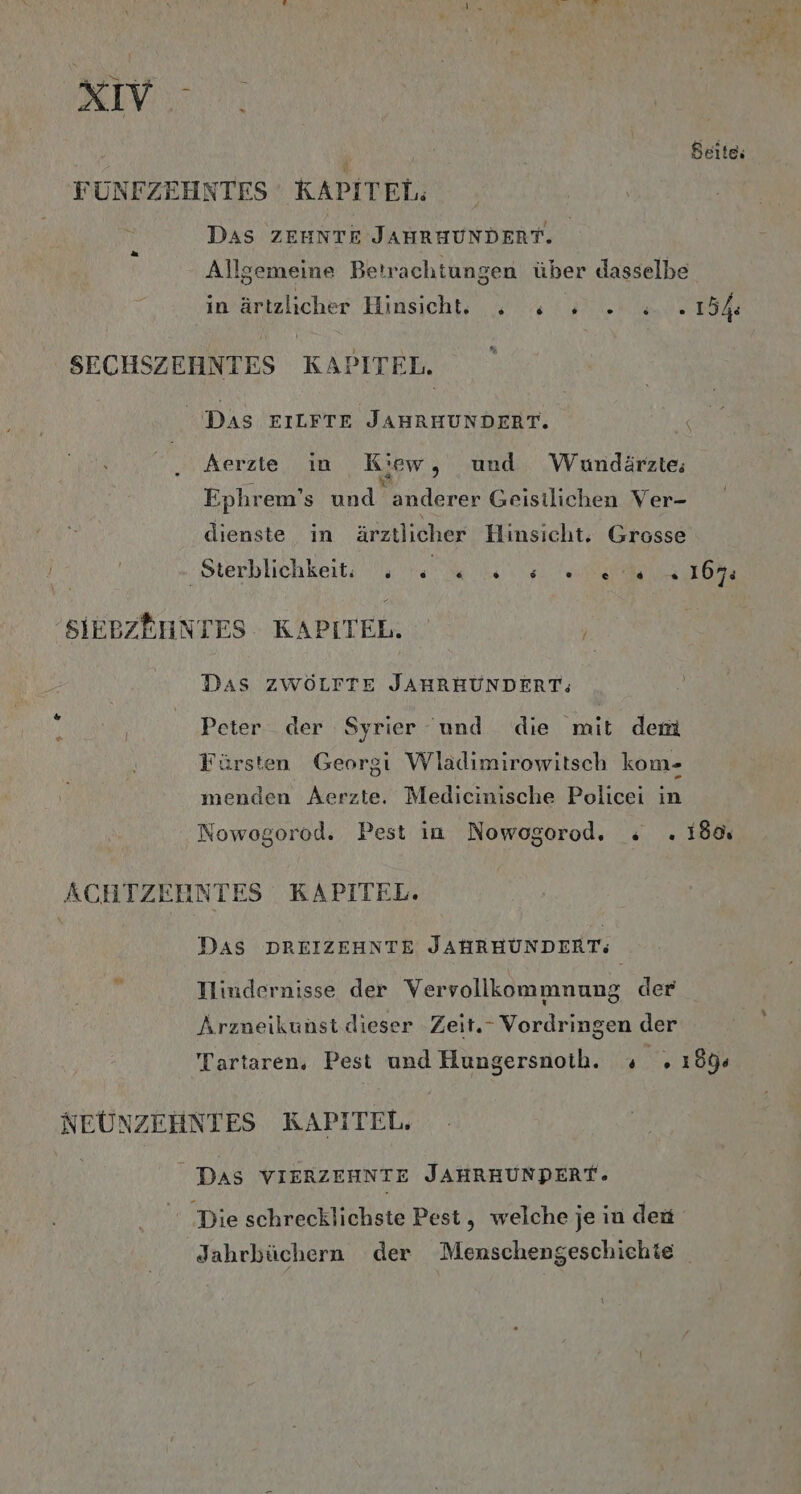 xXiv - Beiteh FUNFZEHNTES KAPITEL. Das ZEHNTE JAHRHUNDERT. Allgemeine Betrachtungen über dasselbe inärtzlicher Hinsicht: . » 2. .154: SECHSZEHNTES KAPITEL. DAs EILFTE JAHRHUNDERT. Aerzte in Kiew, und Wundärzte Ephrem’s udhnderer Geistlichen Ver- dienste in ärztlicher Hinsicht. Grosse Sterblichkeit u 6 ui 7 ara a 1b SIEBZEHNTES KAPITEL. ' DAS ZWOÖLFTE JAHRHUNDERT; Peter der Syrier und die mit demi Fürsten Georgi Wladimirowitsch kom- menden Aerzte. Medicinische Policei in Nowogorod. Pest in Nowogorod. s . 186 ACHTZEHNTES KAPITEL. T)JAS DREIZEHNTE JAHRHUNDERT; A Ilindernisse der Vervollkommnung der Arzneikunst dieser Zeit.- Vordringen der Tartaren, Pest und Hungersnoth. « .189s NEUNZEHNTES KAPITEL. - DAS VIERZEHNTE JAHRHUNpERT. ‚Die schrecklichste Pest, welche je in den Jahrbüchern der Menschengeschichte