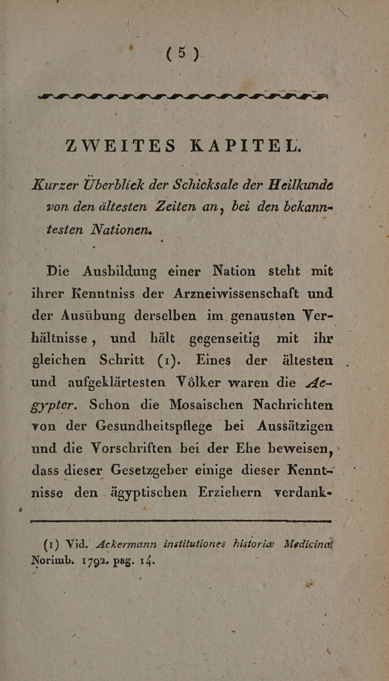 te ZWEITES KAPITEL. Kurzer Überblick der S' chicksale der Heilkunde von denältesten Zeiten an, bei den Aa sl testen Nationen. Die Ausbildung einer Nation steht mit ihrer Kenntniss der Arzneiwissenschaft und der Ausübung derselben im genausten Ver- hältnisse, und hält gegenseitig mit ihr gleichen Schritt (1). Eines der ältesten und aufgeklärtesten Völker waren die 4e- gypter. Schon die Mosaischen Nachrichten von der Gesundheitspflege bei Aussätzigen und dıe Vorschriften bei der Ehe beweisen, ' dass dieser Gesetzgeber einige dieser Kennt- nisse den ägyptischen Erziehern verdank- (1) Vid. Ackermann institutiones historiee Medicine Norimb. 1792. Pag. N