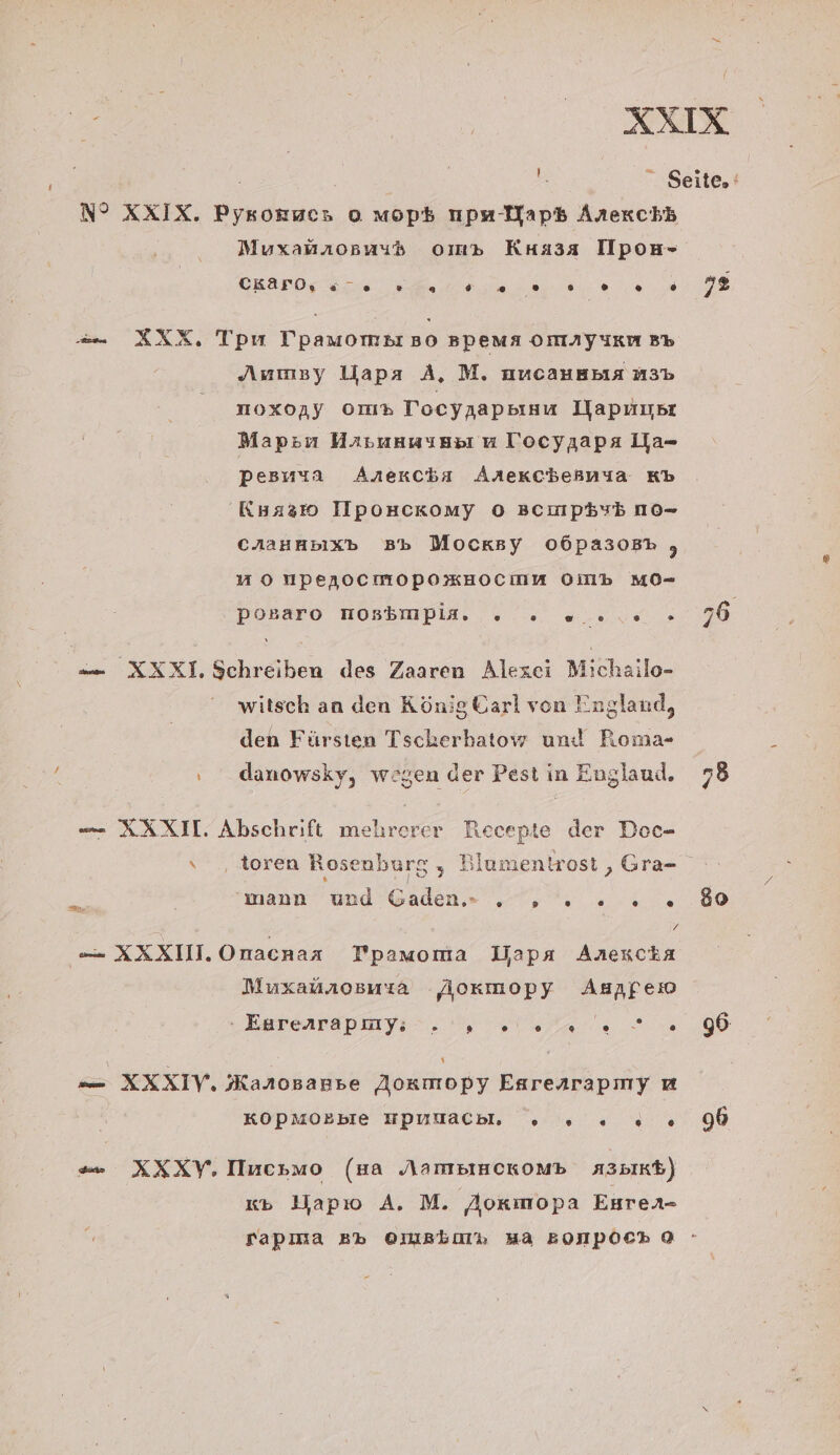 Muxalnosuss om» Kuasa IIpon- CKAFO, “oe ® @ v “0 OD) O 0) ° -— XXX, Tpu Tpamomsı 50 Bpema OMAYy4KM 5% Asnmsy Uapa A, M. mucaussıa n3» N0xX0oay oma Tocyyapsınu Dapuıssr Mapsu Haranuunmoı u locyaapa ILa- peswua Anencba Anrekchesnya Kb Kuasmm Ilponuckomy O0 BCmp%&amp;YBb N0- CAAHHBIXb Bb Mocksy 06pasoB% 9 0 UPeRAOCMOPOKHOCMM OMb MO- Posaro nossmpin, .» . sr... nd. == XXXI Schreiben des Zaaren Alexei Michäilo- witsch an den König Earl von En; gland, den Fürsten Tsckerhatow und Roma- danowsky, wegen der Pest in Englaud. — XXXIL Abschrift mehrerer Recepte der Doc- mann und Gaden: a a RN 14 —— XXXIIU. Onacnaa Tpamoma Dapa Anexcta Muxaunosusa - Aokmopy EN ESTeArapmyI N. har. = XXXIV. ZRanosanpe Aosmopy Esrearapmy m KOPMOBBIe HPWMAChlL, . vs == XXXY.Iluchmo (Ha AaAmeIHckoMb A3pıK6) xd Hapıo A. M. Aokmopa EureA- rapma Bb EmsLmn ua BONpOcHh a 7. 80 96