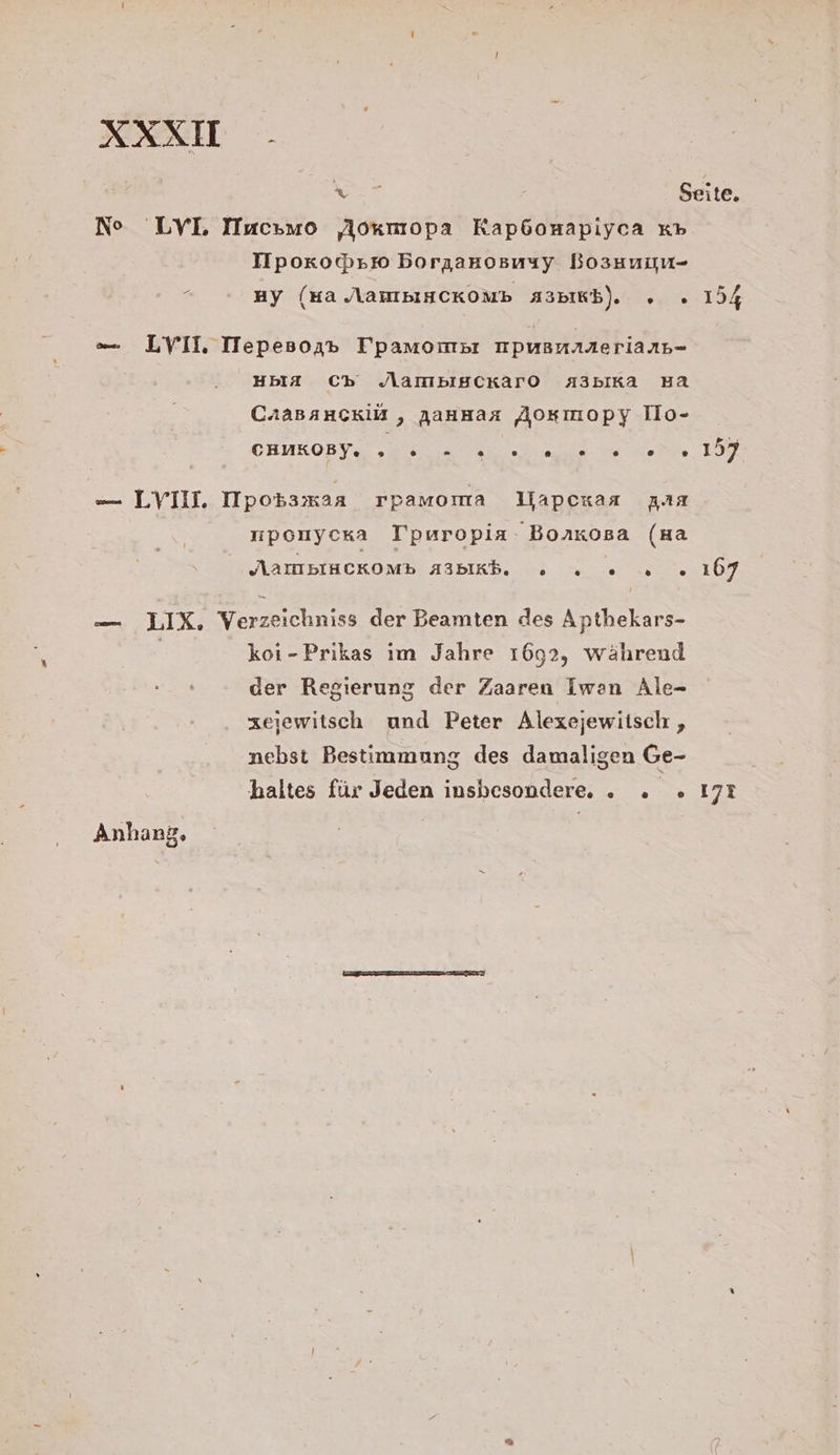 XXXUH - vr Seite. No LYI Iunc»mo Aornmopa Kap6bomapiyca xb IIpokocrr Bboraamosuuy Bosunun- £ auy (sa AambiuckoMmb Asbıkb). . . 154 = LVII, TTepesop Tpamompı TpPuUBmAAeriang- HblA_ C»b JampbIsckaro AspIKka Ba Caasanckif , aanHnaaz AOsmopy Ilo- CHWHOBYa a ae ee 1 — LYIH. Ipobamaa rpamoma Wapcxkaa ara uponuycka T'puropia: Bonkosa (ma AABIHCKOMb ABbIkb, . eu. 167 -—— LIX. Verzeichniss der Beamten des Apthekars- | koı-Prikas ım Jahre 1692, während der Regierung der Zaaren Iwan Ale- zeiewitsch und Peter Alexejewitsch , nebst Bestimmung des damaligen Ge- haltes für Jeden insbesondere, . . . 178