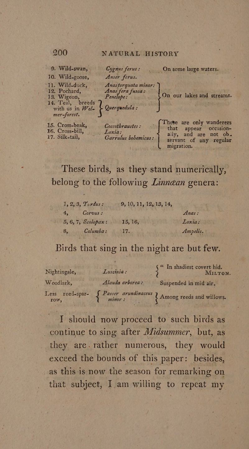 9. Wild-swan, 10. Wild-goose, 11. Wild-duck, 12, Pochard, — Cyonus ferus : Anser ferus. Anas torquata minor: Anas fera fusca: 13. Wigeon, Penelope: 14. Teal, breeds ° with us in Wole > Querquedula : mer-forest. Coccothraustes : Loxia: Garrulus bobemicus: | ; . 15. Cross-beak, 16. Cross-bill, 17. Silk-tail, that appear occasion- ally, and are not ob. servant of any regular migration. 3, 2,3, Turdus: 4, Corvus: 5, 6,'7, Scolopax : 15, 16, 8, Columba: pr Anas: Loxia: Am pelis. Nightingale, Luscinia: Woodlark, Alauda arborea: Less reedespar- § Passer arundinaceus row, minor : “ Tn shadiest covert hid. MILTON. Suspended in mid air, exceed the bounds of this paper: besides,