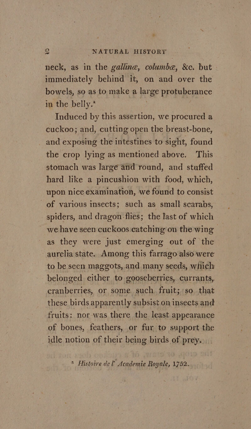 neck, as in the gallne, columbe, &amp;c. but | immediately behind it, on and over the bowels, so as to make a large protuberance in the belly.’ Induced by this assertion, we procured a cuckoo; and, cutting open the breast-bone, and exposing the intestines to sight, found the crop lying as mentioned above. This stomach was large and round, and stuffed hard like a pincushion with food, which, upon nice examination, we found to consist of various insects; such as smalk scarabs, spiders, and dragon-flies; the last of which we have seen cuckoos catching on the wing _ as they were just emerging out of the -aurelia state. Among this farrago also were to be seen maggots, and many seeds, which belonged either to gooseberries, currants, cranberries, or some. such. fruit; so that these birds apparently subsist on insects and fruits: nor was there the least appearance of bones, feathers, or fur to support the _ idle notion of their being birds of prey. * Histoire del’ Academie Royale, 1752.