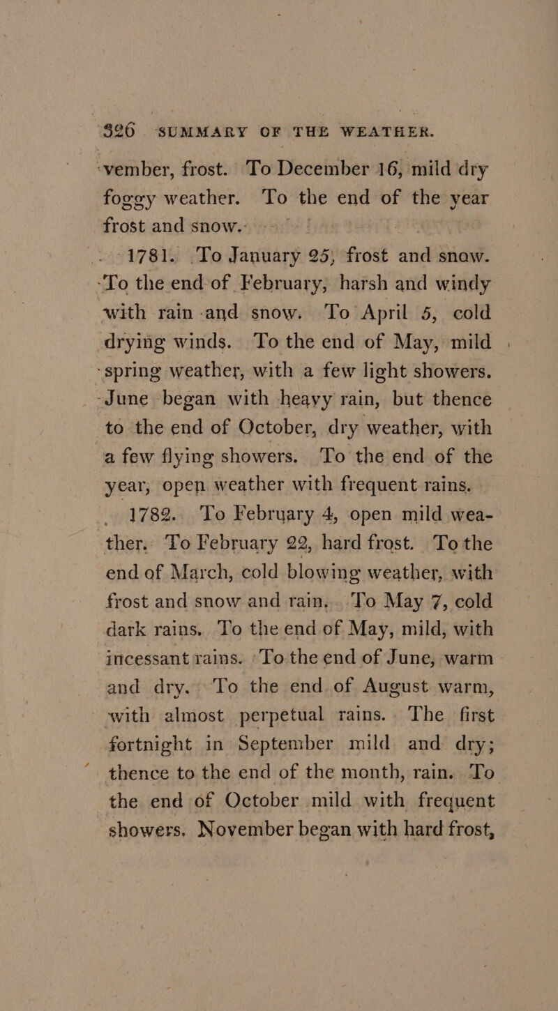 foggy weather. To the end of the year frost and snow.- -1781. To January 25, frost and snaw. 4 to the end of October, dry weather, with a few flying showers. To the end of the year, open weather with frequent rains. | 1782. To February 4, open mild wea- ther. To February 22, hard frost. To the end of March, cold blowing weather, with frost and snow and rain... To May 7, cold dark rains, To the end of May, mild, with incessant rains. ‘To-the end of June, warm and dry. To the end of August warm, thence to the end of the month, rain. To the end of October mild with frequent showers. November began with hard frost,