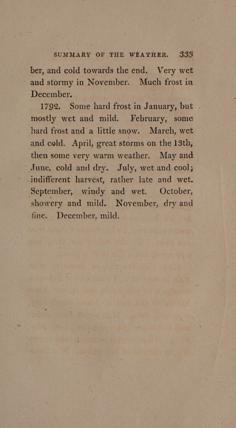 ber, and cold towards the end. Very wet and stormy in November. Much frost in December. 1792. Some hard frost in January, but . mostly wet and mild. February, some hard frost and a little sngw. March, wet and cold. April; great storms on the 13th, then some very warm weather. May and June, cold and dry. July, wet and cool; indifferent harvést, rather late and wet. September, windy and wet. October, showery and mild. November, dry and fine. December, mild.