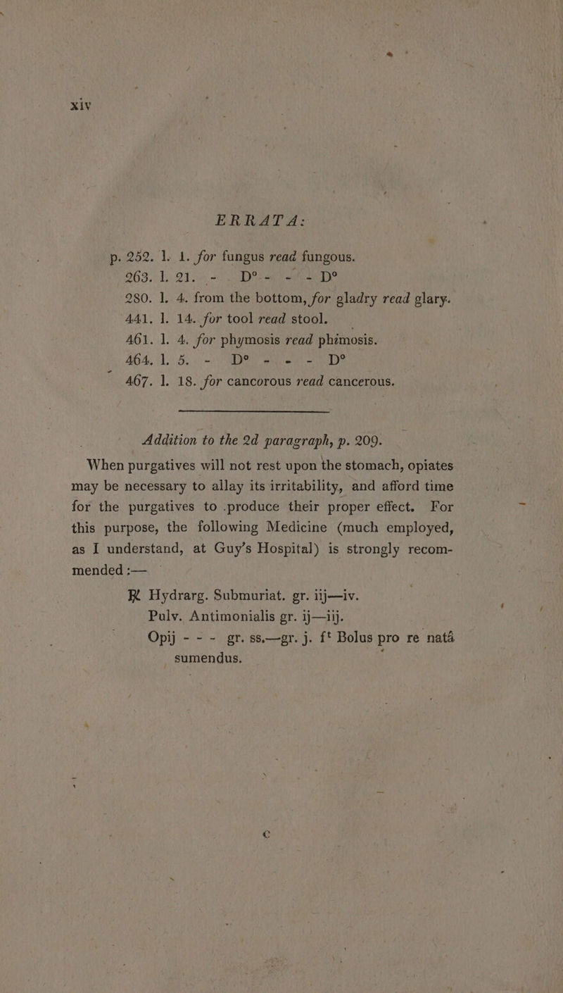 ERRATA: p. 252. 1. 1. for fungus read fungous. 963. 1.2150 =) RRs ones? 280. 1. 4. from the bottom, for gladry read glary. 441, 1. 14. for tool read stool. _ 461. 1. 4. for phymosis read phimosis. AGA. 1. 5..0.- De ee =D? 467. 1. 18. for cancorous read cancerous, Addition to the 2d paragraph, p. 209. When purgatives will not rest upon the stomach, opiates may be necessary to allay its irritability, and afford time for the purgatives to .produce their proper effect. For this purpose, the following Medicine (much employed, as I understand, at Guy’s Hospital) is strongly recom- mended :— RK Hydrarg. Submuriat. gr. uj—iv. Pulv. Antimonialis gr. ij—1ij. Opij - - - gr. ss.—gr. j. ft Bolus pro re naté _ sumendus.