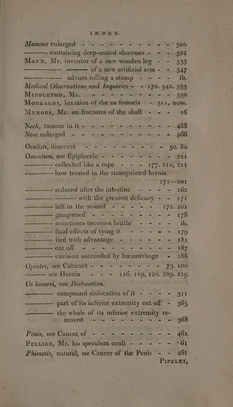 Mamme enlarged - - - - = - = = = = 500 -- containing deep-seated abscesses - ~ 1. 522 Man N, Mr. inventor of a new wooden leg -~ - 533 -— ——— ofa new artificial arm - - 547 —-— advises rollingastump - - - - ib. Medical Observations and Inquiries - - 170. 342. 253 Mippuetron, Mr. sO SPRY SL SE BOT ps -950 Morcaent, luxation of the os femoris -. 314, note. Moons; val on fractures of the skull - - - 16 Neck, tumour iN it - - + - 2+ + + = = - 488 Nose enlarged .- - > 257 - = = = 666 Oculists, itinerant ~- - - - = - = = ~ 50.80 Omentum, see Epiplocele - - - - - = -. = \221 collected like arope - - - 177. 210, 211 ‘how treated 1 in the strangulated hernia ~ 171—261 reduced after the intestine - - - ~ 162 - with the greatest delicacy - - 171 left in the oan =e wm oes O72. BOR gangrened - -'- - - + - = = 178 sometimes becomes brittle - - - - ib. fatal effects of tying it - - - © = 179 Bee ce Mack Leeder bhs advantage - - - - = = 181 - cutofi - - = - - - 5 - = - 187 excision succeeded by hemorrhage -. 188 Opiates, see Cataract - - - - - - - = 73. 100 —see Hernia - - -. 116.119, 120. 209. 219 Os humert, see Dislocation. » | compound dislocation efit - - - - 311 part of its inferior extremity cut off - 365 ——__—. ‘the whole of its inferior extremity re- moved - = = - = = = = = 368 Penis, see Cancer of - - - = - - -.- = 464 Pexuier, Mr. his speculum oculi -.- - - - *61 Phimosis, natural, see Cancer of the Perris - - 461 PiPELET,