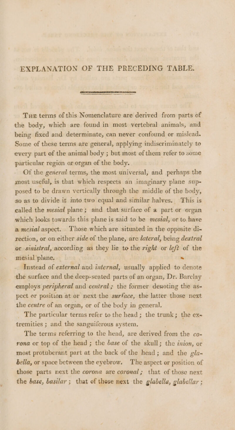 EXPLANATION OF THE PRECEDING TABLE. nee ayn Tue terms of this Nomenclature are derived from parts of the body, which are found in most vertebral animals, and being fixed and determinate, can never confound or mislead. Some of these terms are general, applying indiscriminately to every part of the animal body ; but most of them refer to some particular region or organ of the body. Of the general terms, the most universal, and perhaps the most useful, is that which respects an imaginary plane sup- posed to be drawn vertically through the middle of the body, so as to divide it into two equal and similar halves. This is called the mesial plane; and that surface of a part or organ which looks towards this plane is said to be mesial, or to have a mesial aspect. Those which are situated in the opposite di- rection, or on either side of the plane, are lateral, being dextral or sinistral, according as they lie to the right or left of the mesial plane. * Instead of external and internal, usually applied to denote the surface and the deep-seated parts of an organ, Dr. Barclay employs peripheral and central; the former denoting the as- pect or position at or next the surface, the latter those next the centre of an organ, or of the body in general. _ The particular terms refer to the head ; the trunk; the ex~ tremities ; and the sanguiferous system. The terms referring to the head, are derived ows the co- rona or top of the head ; the base of the skull; the incon, or most protuberant part at the back of the head; and the gla- bella, or space between the eyebrow. The aspect or position of those parts next the corona are coronal; that of those next the base, basilar ; that of those next the gladella, glabellar ;