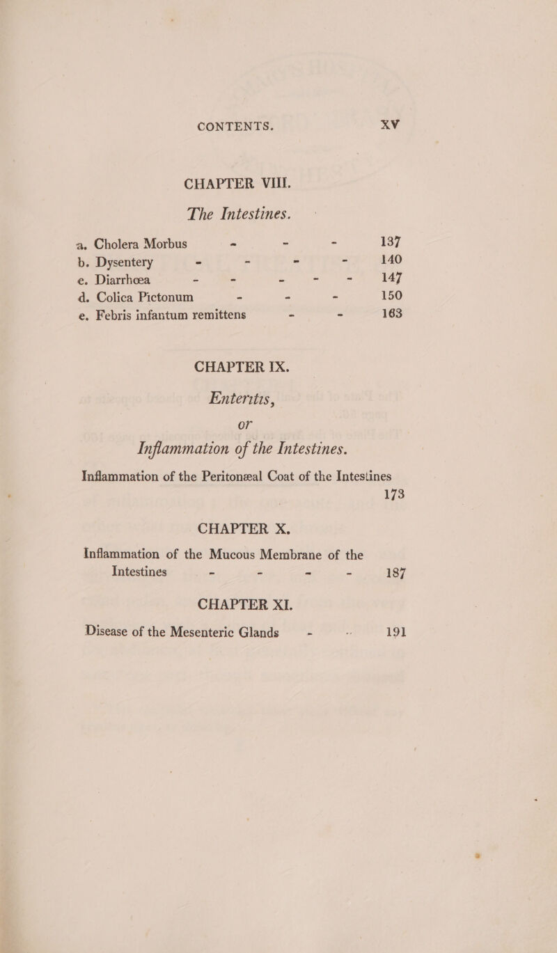 CHAPTER VIII. The Intestines. a. Cholera Morbus - ~ - 137 b. Dysentery - - ~ - 140 e. Diarrhoea - - a ~ ~ 147 d. Colica Pictonum - - - 150 e. Febris infantum remittens ~ - 163 CHAPTER IX. Enteritis, or Inflammation of the Intestines. Inflammation of the Peritoneal Coat of the Intestines 173 CHAPTER X. Inflammation of the Mucous Membrane of the Intestines ~ - ~ - 187 CHAPTER XI. Disease of the Mesenteric Glands - e 191