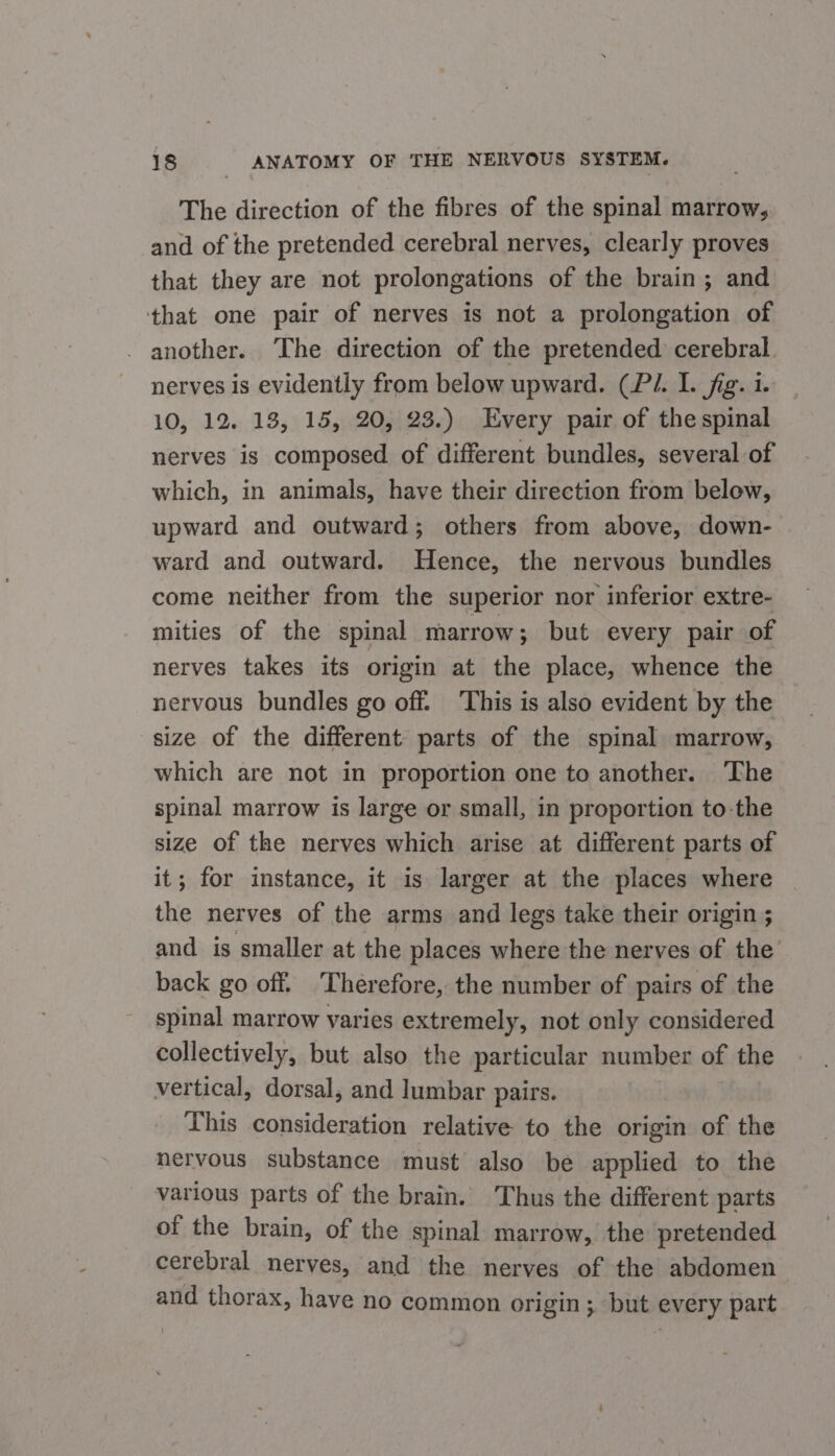 The direction of the fibres of the spinal marrow, and of the pretended cerebral nerves, clearly proves that they are not prolongations of the brain; and that one pair of nerves is not a prolongation of _ another. The direction of the pretended cerebral nerves is evidently from below upward. (Pl. I. jig. 1. 10, 12. 13, 15, 20, 23.) Every pair of the spinal nerves is composed of different bundles, several of which, in animals, have their direction from below, upward and outward; others from above, down- ward and outward. Hence, the nervous bundles come neither from the superior nor inferior extre- mities of the spinal marrow; but every pair of nerves takes its origin at the place, whence the nervous bundles go off. This is also evident by the size of the different parts of the spinal marrow, which are not in proportion one to another. The spinal marrow is large or small, in proportion to-the size of the nerves which arise at different parts of it; for instance, it is larger at the places where the nerves of the arms and legs take their origin ; and is smaller at the places where the nerves of the’ back go off. Therefore, the number of pairs of the spinal marrow varies extremely, not only considered collectively, but also the particular number of the vertical, dorsal, and lumbar pairs. This consideration relative to the origin of the nervous substance must also be applied to the various parts of the brain. Thus the different parts of the brain, of the spinal marrow, the pretended cerebral nerves, and the nerves of the abdomen and thorax, have no common origin; but every part