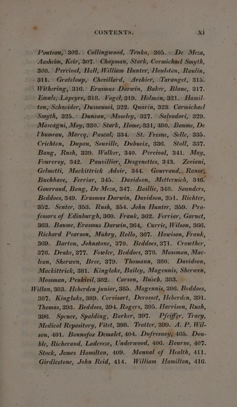 - CONTENTS. ao Pouteau, 302. Collingwood, .Trnka, 305...De Meza, Aasheim, Keir, 307.\ Chapman, Stark, Carmichael Smyth, 308. Percival, Hall, William Hunter, Houlston, Raulin, 311. Grateloup, Chevillard, Archier, Taranget, 315. Withering, 316. Erasmus Darwin, Baker, Blane, 317. » Emale; Lapeyre, 818. Vogel; 319. Holman, 321. Hamil- ton) Schneider, Dussausoi, 322. Quarin, 323. Carmichael Smyth, 325.° Duncan, Moseley, 327. Salvadori, 329. Mascagni, May; 830. Stark, Home; 331, 480, Baume, De - Vhumeau, Marcq, Pascal) 334. » St. Fresne, Selle, 335. Crichton, Dupau, Souville, Dubueix, 336. Stoll, 337. Bang, Rush, 339. Walker, 340. Percival, 341. May, _Fourcroy, 342. Panvillier, Desgenettes, 343. —Zeviani, Gelmetti, Mackittrick Adair, 344. Gourraud,, Ranoe, Buchhave, Ferriar, 345. Davidson, Metternich, 346. Gourraud, Bang, De Meza, 347. Baillie, 348. Saunders, Beddoes, 349. Erasmus Darwin, Davidson, 351. Richter, 852. Senter, 353. Rush, 354. John Hunter, 359. Pro- fessors of Edinburgh, 360. Frank, 362. Ferriar, Garnet, 363. Baume, Erasmus Darwin, 364, . Currie, Wilson, 366. Richard Pearson, Miihry, Rollo, 367. Howison, Frank, 369. Barton, Johnstone, 370. Beddoes, 371. Crowther, 376. Drake, 377. Fowler, Beddoes, 378. Mossman, Mac- lean, Sherwen, Bree, 379. Thomann, 380: Davidson, Mackittrick, 381. Kinglake, Bailey, Magennis, Sherwen, ~ Mossman, Penkivil, 382. Carson, Busch, 383. Willan, 383. Heberden junior, 385. Magennis, 386. Beddoes, 387. Kinglake, 389. Corvisart, Derosset, Heberden, 391. Thomas, 393. Beddoes, 394. Rogers, 395. Harrison, Rush, 396. Spence, Spalding, Barker, 397. Pfeiffer, Tracy, Medical Repository, Vitet, 398. Trotter, 399. A. P. Wil- son, 401. Bonnafox Demalet, 404. Dufresnoy; 405. Dou- ble, Richerand, Ladeveze, Underwood, 406. Bourne, 407. Stock, James Hamilton, 409. Manual of Health, 411. Girdlestone, John Reid, 414. William Hamilton, 416. ri