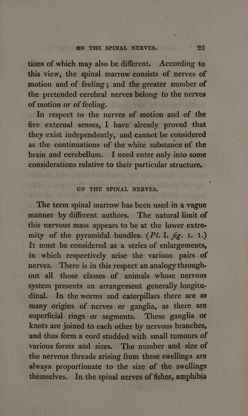 ON THE SPINAL NERVES. ‘ OS tions of which may also be different. According to this view, the spinal marrow consists of nerves of motion and of feeling; and the greater number of the pretended cerebral nerves belong to the nerves of motion or of feeling. In respect to the nerves of motion and of the five external senses, I have’ already proved that they exist independently, and cannot be considered as the continuations of the whité substance of the brain and cerebellum. I need enter only into some considerations relative to their particular structure. ON THE SPINAL NERVES. The term spinal marrow has been used: in a vague manner by different authors. The natural limit of this nervous mass appears to be at the lower extre- mity of the pyramidal bundles: (P/.'I. fig. 1. 1.) It must be considered. as a series of enlargements, in which respectively arise the various. pairs of nerves. There is in this respect an analogy through- out all those classes of animals whose nervous system presents an arrangement generally longitu- dinal. In the worms and caterpillars there are as many origins of nerves or ganglia, as there are superficial rings or segments. ‘These ganglia or knots are joined to each other by nervous branches, ‘and thus form a cord studded with small tumours of various forms and sizes. The number and size of the nervous threads arising from these swellings are always proportionate to the size of the swellings themselves. In the spinal nerves of fishes, amphibia