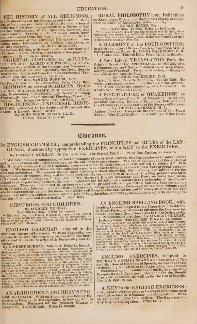 THE HISTORY of ALL RELIGIONS, of the Doctrines and Order of Wor- all the Denominations of a Series of Re- qining much Information on Biblical Literature, at ais Day unknown. ‘he Second Edition, with considerable Aiterations and R ions, inl2mo. essed, Price 10s. 6d. Boards. RiENTAL CUSTOMS; or, an ILLUS- RATION of the SACRED SCRIPTURES, by an ex- lanatory Application of the Customs and Manners of » Eastern Nations; and especially the Jews, therein Hluded to. Collected from the most celebrated Tra- ellers, and the most eminent Critics. By the Rev. SAMUEL BURDER, A.M. he Fourth Edition. In 2 vols. 8vo. Price 1. 1s. Bds. SERMONS on several SUBJECTS. By the ate Rev. WILLIAM PALEY, D.D. Subdean of Lin- :o}n, Prebendary of St. Paul’s, and Rector of Bishop earmouth, Author of “‘ Natural Theology, Moral Phi- phy,” &amp;c. In one vol. $vo. The 6th Hdit. 10s. 6d. DISCOURSES on UNIVERSAL RESTI- [UTION, delivered to the Society of Protestant Dis- renters n Lewin’s Mead, Bristol. By JOHN PRIOR ESTLIN, LL. D. In 8yo. Price 7s. Boards. 9 RURAL PHILOSOPHY ; or, Reflections on Knowledge, Virtue, and Happiness; chiefly in refer- ence to a Life of Retirement in the Country. By ELY BATES, Esq. The Gth Edition. In 8yo. Price 9s. in Boards, ‘To those who are of a serious and religious turn of mind, these reflections will prove a grateful and valuable acquisition. We re- commend to them an attentive perusal of this well written and truly commendable volume.” Mon, Rev. A HARMONY of the FOUR GOSPELS ; in which the natural Order of each is preserved. Witha Paraphrase and Notes. By JAMES MACKNIGHT, D. D. In 2 vols. 8vo. The 4th Edit. Price 1/. 1s. in Boards. A New Literal TRANSLATION from the Original Greek of the APOSTOLICAL EPISTLES, with a Commentary, and Notes Philological, Critical, Expla- natory, and Practical. To which is added, a History of the Life of the Apostle Paul. By JAMES MACKNIGHT, D.D. In 4 vols. 8vyo. Price 2/.2s.inBds. The 4th Edit. To which is prefixed, an Account of the Life of the Author. *,* A few Copies are remaining, with the Greek. In 6 vols. Svo. Price 31. 13s. 6d. A PORTRAITURE of QUAKERISM, as taken from a View of the Moral Education, Discipline, peculiar Customs, Religious Principles, Political and Civil Economy, and Character of the Socrery of Frrenps. By THOMAS CLARKSON, M.A. Author of several Essays on the Subject of the Slave The Third Edition. In 3 vols. 8vo. Price 1l. 7%» An ENGLISH GRAMMAR; comprehending “ We have had no grammarian, and judgment upon our native language, _: Murray’s works on English Grammar, rit. ness and perfection. higher classes of readers, they will be found particula left school, and to foreigners.” Chr. Ob. tained the#r reputation, as th language. form suited to the Library. are interspersed throughout the book. puage ; centaining a copious and skilful liarities of its idiom and construction.” Ann. Reve FIRST BOOK FOR CHILDREN. By LINDLEY MURRAY. The 10th Edition. Price 6d. sewed. « This very improved Primer is intended to prepare the learner for the above-mentioned Spelling Book, and is particularly in- tended by the author to assist mothers in the instruction of their young children.” M. Rev. ENGLISH GRAMMAR, adapted-to the different Classes of Learners. With an Appendix, con- taining Rules and Observations, for assisting the more advanced Students to write with Perspicuity and Ac- curacy. By LINDLEY MURRAY. 25th Edit. Price 4s. bound. « Mr. Murray’s English Grammar, English Exercises, and Abridgment of the Grammar, claim oxr attention, on account of their being composed on the principle we have so frequently reconm- mended, of combining religious and moral improvement with the elements of scientific knowledge. The late learned Dr. Blair gave his opinion of it in_the following terms :— Mr, Lindley Murray’s Grammar, with the Exercises and the Key in a separate volume, IT esteem as a most excellent performance. I think it superior to any work of that nature we have yet had; and am persuaded that it is, by much, the best Grammar of the English language extant. On Syntax, in particular, he has shown a wonderful degree of acuteness and precision, in ascertaining the propriety of language, and in rectifying the numberless errors wliich writers are apt to commit. Most useful these books must certainly be to all who are applying themselves to the arts of composition.” Guard, of Educ. AN ABRIDGMENT of MURRAY’S ENG - -LISH GRAMMAR. With an Appendix, containing Ex- ercises in Parsing, in Orthography, in Syntax, and in Punctuation. Designed for the younger Classes of Learners. The 47th Edit. Price 1s. bound. The additions, Price One Guinea, in Boards. career, who has employed so much labour We are of opinion, that this edition of and will not fail to obtain it.” Brit. able to pronounce uponit, asa work of great correct- are intended for the ted with a large letter, and on a finer paper, ina more than ninely pages of the first volume; and and many just and acute remarks on the pecue * AN ENGLISH SPELLING BOOK; with Reading Lessons adapted to the Capacities of Children. In Three Parts, calculated to advance the Learners by natural and easy Gradations ; and to teach Orthography By LINDLEY MURRAY. Price ls. 6d. bound. mentary books for “ This is a very neat and useful elementary book.” Chr, Ob- ENGLISH EXERCISES, adapted to MURRAY’S ENGLISH GRAMMAR ; consisting of Exe emplifications of the Parts of Speech, Instances of False Orthography, Violations of the Rules of Syntax, Defects in Punctuation, and Violations of the Rules respecting: Perspicuity and Accuracy. Designed for the Benefit of private Learners, as well as for the Use of Schools. The 19th Edit. 2s. 6d. A KEY’to the ENGLISH EXERCISES ; calculated to enable private Learners to become their own Instructors in Grammar and Composition. Price 2s. 6d. bound. The 13th Edition. The Exercises and Key may be had together. Price 4s. 6d.