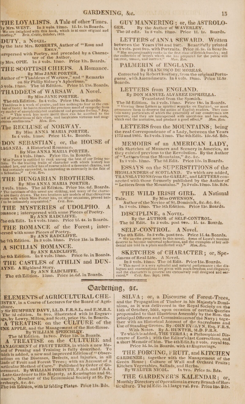 THE LOYALISTS. A Tale of other Times. Ry Mrs. WEST. In3vols.12mo. 1l.1s. in Boards. We are delighted with this book, which is at once original and sresting,’’ rit. Critic, October, 1812: DUTY, a Novet. By the late Mrs. ROBERTS, Author of ‘* Ross and EMILY.” serspersed with Poetry, and preceded by a Charac- ter of the Author. : v4 by Mrs. OPIE. 1n3 vols. 12mo. Price 12s. Boards, THE SCOTTISH CHIEFS. A Romance. - By Miss JANE PORTER, Author of “ Thaddeus of Warsaw,” and *‘ Remarks on Sir Philip Sidney’s Aphorisms.” 5vols.12mo. The 2d Bdition. Price 1l. 15s. Boards. THADDEUS of WARSAW. A Novel. By Miss JANE PORTER. The 6thEdition. In4 vols. Price 18s. in Boards. Thaddeus is a work of genius, and has nothing to fear at the can- bar of taste: he has to receive the precious meed of sympathy from xy reader of unsophisticated sentiment and genuine feeling.” Imp. Ye « This work has more merit than can be ascribed to the wad of productions of this class, and inculcates virtuous and mag- himous sentiments.” Mon. Rev. The RECLUSE of NORWAY. ’ By Miss ANNA MARIA PORTER. In 4 vols. 12mo. Price 1l.4s. Boards. DON SEBASTIAN; or, the HOUSE of tAGANZA. A Historical Romance. By Miss ANNA MARIA PORTER. In4vols.12mo. Price 21s. in Boards. ' Miss Porter is entitled to rank among the best of our living no- lists. To the leading traits of character with which history has nished her, our author has of course added a thousand charms, and has certainly succeeded, in interesting us extremely in the fate of n Sebastian.” Crit, Rev. THE HUNGARIAN BROTHERS. : By Miss ANNA MARIA PORTER. S3vols.12mo. The 3d Edition. Price 16s. 6d. Boards. ¢ The incidents of this novel are striking, and Lp of the charac- 's are finely drawn. The two brothers are models of that chivalrous roism with which Miss Porter has, on other occasions, proved here f to be intimately acquainted.” Crit. Rev. THE MYSTERIES of UDOLPHO. A omance ; interspersed with some Pieces of Poetry. & By ANN RADCLIFFE. , fhe¢6th Edit. In4vols.12mo. Price 1. 4s. in Boards. ‘THE ROMANCE of the Forest; inter- ersed with some Pieces of Poetry. mae. By ANN RADCLIFFE. e 7th Edition. In 3 vols.12mo. Price 15s. in Boards. ‘A SICILIAN ROMANCE. z. By ANN RADCLIFFE. | he 4th Edition. In2vols.12mo. Price 8s. in Boards. ‘THE CASTLES of ATHLIN and DUN- AYNE. A Highland Story. By ANN RADCLIFFE. _ The 4thEdition. 12mo. Price 5s. 6d. in Boards. ELEMENTS of AGRICULTURAL CHE- USTRY, in a Course of Lectures for the Board of Agri- alture. y Sir HUMPHRY DAVY, LL.D. F.R.S.L, and E.M.R.I. The 2d edition. In 8vo. illustrated with 10 Engrav- 1gs, by Lowry, Milton, and Scott, price 18s. in Boards. A TREATISE on the CULTURE of the NE APPLE, and the Management of the Hot-House. By WILLIAM SPEECHLBY. _ The 2d Edition. In8yo. Price 12s. in Boards. ‘A TREATISE on the CULTURE and IANAGEMENT of FRUIT TREES, in which a new Me- hod of Pruning and Training is fully described. To thich is added, a new and improved Edition of ‘* Obser- ations on the Diseases, Defects, and Injuries, in all iuds of Fruit and Forest Trees; with an Account of a articular Method of Cure.” Published by Order of Go- ernment. By WILLIAM FORSYTH, F.A.S. and F.S.A. Late Gardener to His Majesty, at Kensington and St. ames’s, Member of the Economical Society at St. Pe- ersburgh, &c. &c. v3 The dth Edition, with 13 folding Plates. Price 13s, Bds. GUY MANNERING ; or, the ASTROLO- GER. By the Author of WAVERLEY. The 2d edit. In3 vols. 12mo. Price ll. ls. Boards. LETTERS of ANNA SEWARD. Written between the Years 1784and 1807. Beautifully printed in 6 vols. post 8vo. with Portraits. Price 3l. 3s. in Boards. She unquestionably ranks in the first class of British females ; and the collection of letters which she has prepared for the public will interest, amuse, and instruct.” Mon. Rev. PALMERIN of ENGLAND. By FRANCISCO DE MOREAS. Corrected by Robert Southey, from the original Portus guess. with Amendments. In4vols. 18mo. Price 11.88, oards. LETTERS from ENGLAND. By DON MANUEL ALVAREZ ESPRIELEA. _ Translated from the Spanish. The 3d Edition. in3vols.12mo. Price 18s. in Boards. “€ Viewing these Letters as spirited remarks on England, we must pronounce them to deserve the notice of English readers. They con- tain many particulars of which the generality of our countrymen are ignorant, and they are interspersed with anecdotes and bon mots, which end the narrative, and produce a good effect.” Mon. Reve LETTERS from the MOUNTAINS; being the real Correspondence of a Lady, between the Years 1773 and 1803. In3vols.12mo. The 4th Edit. 13s.6d. Bds. - MEMOIRS of an AMERICAN LADY, with Sketches of Manners and Scenery in America, as they existed previous tothe Revolution. By the Author of *‘ Letters from the Mountains,” &c. &c. In2vols.12mo. The?d Edit. Price 12s. in Boards. ESSAYS on the SUPERSTITIONS of the HIGHLANDERS of SCOTLAND. To which are added TRANSLATIONS from the GAELIC, and LETTERS con- “ Letters from the Mountains.” In2vyols.12mo. 12s. Bds. THE WILD IRISH GIRE. A National Tale. By Miss OWENSON, Author of the Novice ef St. Dominick, &c. &c. &c. In 3vols. lL2mo. The 5thEdition. Price 15s. Boards. DISCIPLINE, a Nove. By the AUTHOR of SELF-CONTROL. The 2d Edit. In 3 vols. post 8vo.. ll. 4s. Boards. SELF-CONTROL. A Novel. The 4th Edit. In3 vols. post8vo. Price 11.4s. Boards, “ We ascribe great merit to this novel. Some of Laura’s maxims deserve to become universal aphorisms, and the examples of her self- denial are told in a plain unaffected way.” Mon, Rev. SKETCHES of CHARACTER; or, Spe- cimens of Real Life. A Novel. In 3 vols. 12mo. The 2d Edit. Price 15s. Boards. “ This novel is a very splendid and natural performance ; ithe dia- ae ae cone are pee with much freedom and elegance; an e characters in general are excessively well design ue- cuted.” Crit. Rev. Sepi. 1808. : ee SILVA; or, a Discourse of Forest-Trees and the Propagation of Timber in his Majesty’s Do i. nions, as it was delivered in the Royal Society on ai 15th of October, 1662, upon occasion of certain Queri : propounded to that illustrious Assembly by the Hon the principal Officers and Commissioners of the Navy ; ta . ther with an Historical Account of the Sacredness a Use of Standing Groves. By JOHN EVELYN, Esq. F RS With Notes. By A. HUNTER, M.D.F.RS. To which is added, THE TERRA; a Philosophical Dis- course of Earth; with the Editor’s last Corrections, and a short Memoir of him. The 4th Edit.In 2 vols. royal 4to Price 51. 5s. in Boards. with 43 Engravings. ; THE FORCING, FRUIT, and KITCHEN GARDENER; together with the Management of the Green House; Culture of Wall and Orchard Fruits ; Kitchen Vegetables, Sallads, and Herbs. ¥ By WALTER NICOL. ” In 8vo. Price 9s. Bds. THE GARDENER’S KALENDAR: or Monthly Directory of Operationsin every Branch efor. ticulture. The 3d Edit. inllarge yol. #voe. Price 14s, Bas.