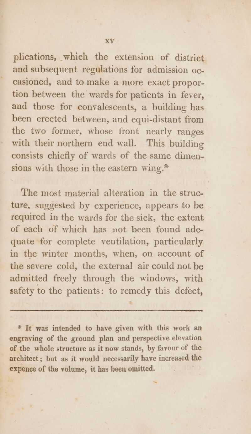 plications, which the extension of district and subsequent regulations for admission oc- casioned, and to make a more exact propor- tion between the wards for patients in fever, and those for convalescents, a building has been erected between, and equi-distant from the two former, whose front nearly ranges with their northern end wall. This building consists chiefly of wards of the same dimen- sions with those in the eastern wing.* The most material alteration in the struc-_ ture, suggested by experience, appears to be required in the wards for the sick, the extent of each of which has not been found ade- quate for complete ventilation, particularly im the winter months, when, on account of the severe cold, the external air could not be admitted freely through the windows, with safety to the patients: to remedy this defect, 2) * It was intended to have given with this work an engraving of the ground plan and perspective elevation of the whole structure as it now stands, by favour of the architect ; but as it would necessarily have increased the expence of the volume, it has been omitted. ~