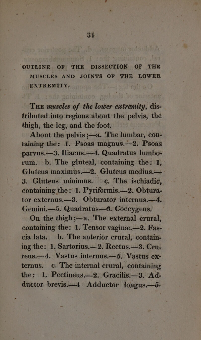 OUTLINE OF THE DISSECTION OF THE MUSCLES AND JOINTS OF THE LOWER EXTREMITY, Tue muscles of the lower extremity, dis- tributed into regions about the pelvis, the thigh, the leg, and the foot. About the pelvis ;—a. The lumbar, con- taining the: 1. Psoas magnus.—2, Psoas parvus.—3. Iliacus.—4. Quadratus lumbo- rum. b. The gluteal, containing the: 1, Gluteus maximus.—2. Gluteus medius.— 3. Gluteus mimimus. c. The ischiadic, containing the: 1. Pyriformis.—2. Obtura- tor externus.—3. Obturator internus.—4. Gemini.—5. Quadratus—6. Coccygeus. On the thigh;—a. The external crural, containing the: 1. Tensor vagine.—2. Fas- cia lata. b. The anterior crural, contain- ing the: 1. Sartorius.—.2. Rectus.—3. Cru- reus.—4. Vastus internus.—5. Vastus ex- ternus. c. The internal crural, containing the: 1. Pectineus.—2. Gracilis.—3. Ad- ductor brevis—4 Adductor longus.—6.