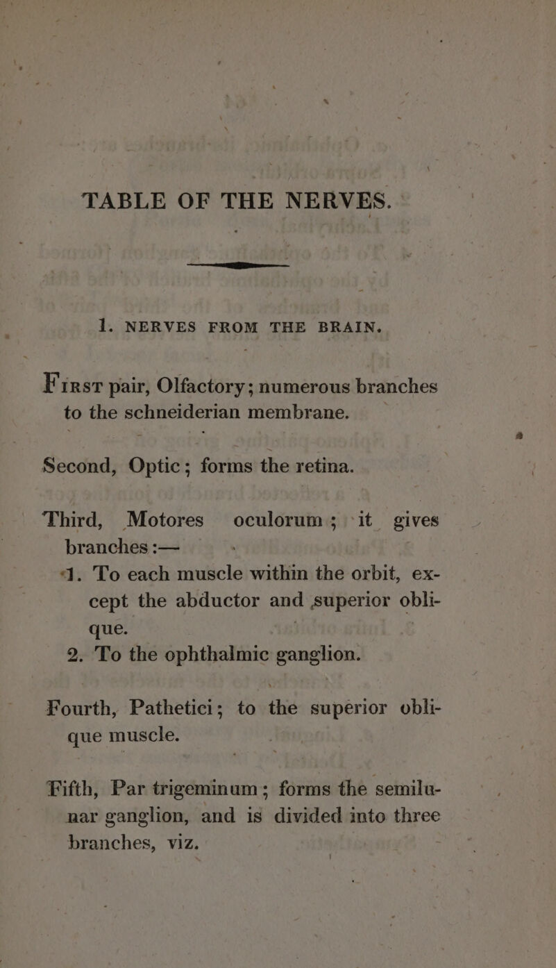 TABLE OF THE NERVES. 1. NERVES FROM THE BRAIN. First pair, Olfactory; numerous branches to the schneiderian membrane. Second, Optic; forms the retina. Third, Motores oculorum; it gives branches :— 1. To each muscle within the orbit, ex- cept the abductor and superior obli- que. : 7 2. To the ophthalmic ganglion. Fourth, Pathetici; to the superior obli- que muscle. Fifth, Par trigeminum:; forms the semilu- nar ganglion, and is divided into three branches, viz.