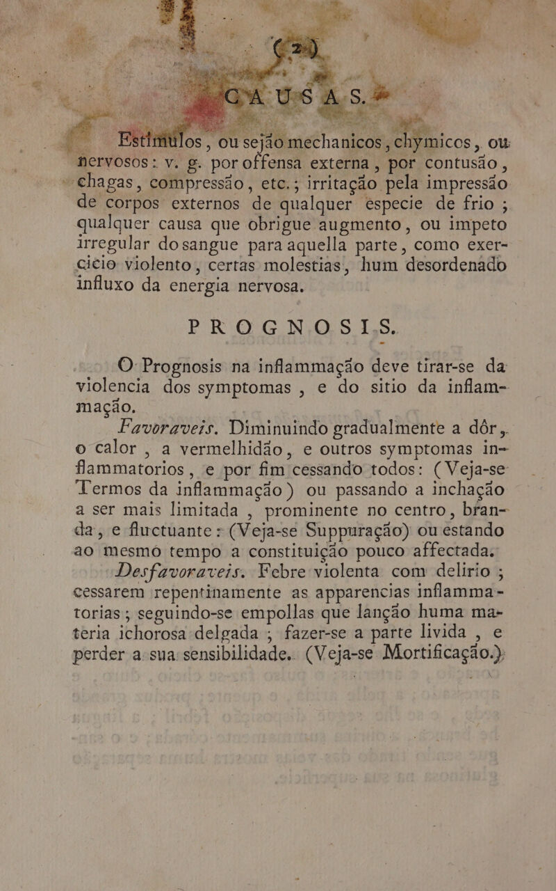 BE E WERE ge | A Fa US ati PA ICONS Ms ] — Estimblos, ou sejão mechanicos, chymicos, ou nervosos: v. g. por offensa externa, por contusão, “Chagas, compressão, etc.; irritação pela impressão. de corpos externos de qualquer especie de frio ; qualquer causa que obrigue augmento, ou impeto irregular do sangue para aquella parte, como exer- cicio violento, certas molestias, hum desordenado influxo da energia nervosa. d É Ju PROGNOSIS. O Prognosis na inflammação deve tirar-se da violencia dos symptomas , e do sitio da infam- mação. Favoraveis. Diminuindo gradualmente a dôr,. o calor, a vermelhidão, e outros symptomas in- flammatorios, e por fim cessando todos: (Veja-se Termos da inflammação) ou passando a inchação a ser mais limitada , prominente no centro, bran- da, e fluctuante : (Veja-se Suppuração) ou estando ao mesmó tempo a constituição pouco affectada. Desfavoraveis. Febre violenta com delirio ; cessarem repentinamente as apparencias inflamma- torias; seguindo-se empollas que lanção huma ma- teria ichorosa delgada ; fazer-se a parte livida , e ARE a Siiaçes perder a-sua sensibilidade.. (Veja-se Mortificação.);