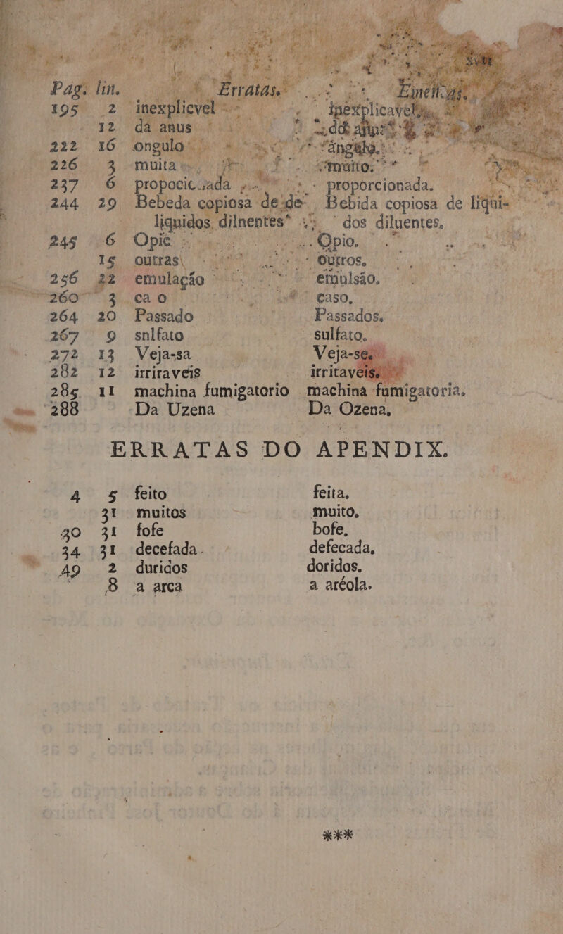 dy ao muita 6 prop ocic - proporcionada. | dee Bebida copiosa de li is | aca ey “dos diluêntes, 7 eos E e ARA Ç = outros, TR da po nto A AUD o proa sa: emulsão, E pride 260 daria o ti di Gaso, Ed ; | 264 20 Passado PRA Dados Passados, | 267 9 snlfio Ri: sulfato. | 4 | do AR AS Veja ia Veja-se E) E 202 12 dritaveis o - drritavéi pe 285 11 machina fumigatorio machina amigatoria. oa “200 “Da Uzena “Da Ozena, : ERRATAS DO APENDIX. ' 4 5 feito feita, 31 muitos = muito, go 31 fofe | bofe, | 34 31 decefada. defecada, ne. 49 2 duridos doridos. g 8 a arca a aréola. Jo