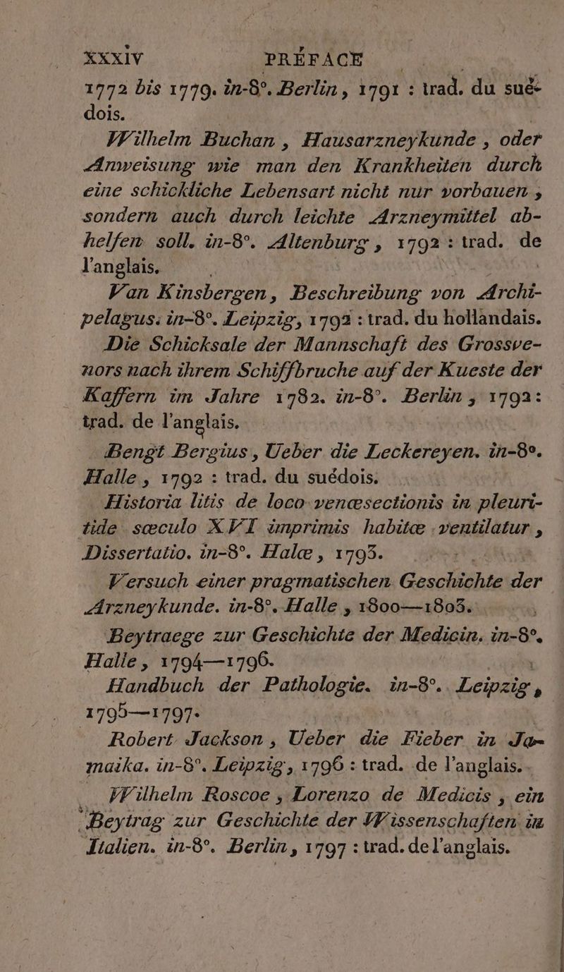 1772 bis 1779. in-8°. Berlin, 1791 : trad. du sue- dois. | | Wilhelm Buchan , Hausarzneykunde , oder Anweisung wie man den Krankheiten durch eine schickliche Lebensart nicht nur vorbauen , sondern auch durch leichte Arzneymittel ab- helfen. soll. in-8°. Altenburg , 1792 : trad. de l'anglais. Van K insbergen „ Beschreibung von Archi- pelagus: in-8°. Leipzig, 1792 : trad. du hollandais. Die Schicksale der Mannschaft des Grossve- nors nach ihrem Schiffbruche auf der Kueste der Kafern im Jahre ı782. in-8°. Berlin, 1792: trad. de l'anglais. Bengt Bergius, Ueber die Leckereyen. in-8°. Halle, 1792 : trad. du suedois. Historia litis de loco venæsectionis in pleuri- tide .seeculo X VI smprimis habitce :ventilatur , Dissertatio. in-8°. Hale, 1793. | Versuch einer pragmatischen Geschichte der Arzneykunde. in-8°. Halle , 1800—1803. Beytraege zur Geschichte der Medicin. in-8°, Halle, 1794— 1796. Handbuch der Pathologie. in-8°. ee  1799—1797- Robert. Jackson , Ueber die Fieber in Ja- maika. in-8°. Leipzig, 1796 : trad. de l’anglais. - FFilhelm Roscoe , Lorenzo de Medicis > ein Beytra ag zur Geschichte der Wissenschaften. in ‚Italien. in-8°. Berlin, 1797 : trad.del’anglais.