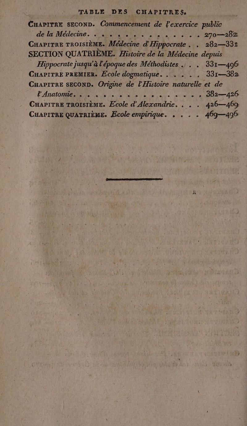 . TABLE DES CHAPITRE $e Diane SECOND. Commencement de l'exercice public dela Medecine. SERRE De 270—282: CHAPITRE TROISIÈME. Médecine d'Hi ippocrate . . 282—331 SECTION QUATRIÈME. Histoire de la Médecine depuis Hippocrate jusqu’à l’époque des Méthodistes ., . . 331—496 CHAPITRE PREMIER. Ecole dogmatique. . . . . . 331-382 CHAPITRE SECOND. Origine de l'Histoire naturelle et de PAnatomie. + 4. +. + + + eee +. tete H02-426 CHAPITRE TROISIÈME. Ecole d'Alexandrie. , . . 426—469: CHAPITRE QUATRIEME. Ecole empirique. . . . . 469—496
