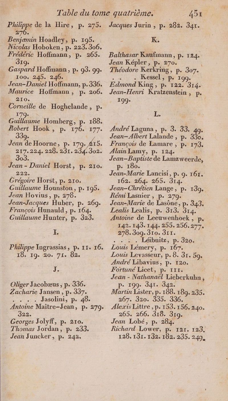 Philippe de la Hire, p. 275. Or es à dl Benjamin Hoadley, p. 195. Frédéric Hoffmann, p. 265. 319. Gaspard Hoffmann , p. 93. 99. 100. 245. 246. X 210. Corneille de Hoghelande, p. ER Guillaume Homberg, p. 188. Robert Hook , p. 176. 177. IR | Jean de Hoorne, p. ah 217.224. 228. 291. 234.302. 303 Jean - Daniel Horst, p. 210. 222. Gregoire Horst, p. 210. Guillaume Hounston , p. 195. Jean Hovius, p. 276. Jean-Jacques Huber, p. 269. François Hunauld, p. 164. Guillaume Hunter, p. 323. 1. Philippe Ingrassias, p. 11. 16. 18. 19. 20. 71. 62. J. Oliger Jacobæus , p. 336. Zacharie Jansen , p. 337. … . .«.. dasolini, p. 46: Antoine Maitre-Jean, p. 279. 322. Georges Jolyff, p. 210. Thomas Jordan, p. 233. Jean Juncker, p. 242. 451 Jacques Jurin , p. 282. 341. A K. Balthasar Kaufmann, p. 124. Jean Kepler, p. 270. Théodore Kerkrimg, p. 307. . «-: . Kessel, pP 199. Edmond King , p. 122. 314. Jean-Henri Kratzenstein , p. 199. \ SL, André Laguna, p. 3. 33. 49. Jean-Albert Lalande , p. 330. Francois de Lamare , p. 173. Alain Lamy, p. 124. Jean-Baptiste de Lamzweerde, p- 160. Jean-Marie Lancisi, p. 9. 161. 162. 264. 265. 314 Jean-Chretien Lange, p. 139. Rémi Lasnier , p. 279. Jean-Marie de Lasöne, p. 343, Lealis Lealis, p. 313. 314. Antoine de Leeuwenhoek , p. 142. 143. 144. 255. 256.277. 278.309. 310. 3II. | . 2.2. Leibnitz, p. 320. Louis Lemery, p. 167. Louis Levasseur, p. 8. 31. 59. Andre Libavius, p. 120. Fortune Licet, p. 111. Jean - Nathanaël Lieberkuhn p- 199. 341. 342. Martin Lister, p. 166. 189. 235. 267. 320. 335. 336. Alexis Littre , p.153. 156. 240. 265. 266. 318. 319. Jean Lobé, p. 264. Richard Lower, p. 121. 123, 128. 131. 192. 102. 235. 249, 2