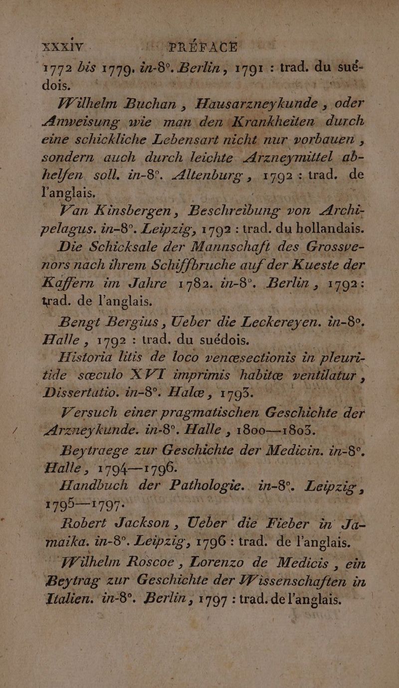 1772 bis 1779» ns. iron FM OPFER nas sué- dofss1 Wilhelm Buchan 3 EEE Io Anweisung. wie man den (Krankheiten. durch eine schickliche Lebensart nicht nur. vorbauen , sondern auch durch leichte „Arzneymittel ‚ab- helfen. soll. in-8°. „4ltenburg , 1792 : trad. de l'anglais. Yan Kinsbergen , rennen von we he pelagus. in-8°. Leipzig, 1702 : trad. du hollandais. Die Schicksale der Mannschaft des Grossve- nors nach ihrem Schiffbruche auf der Kueste der Kafern im Jahre 1782. in-8°. Berlin, 1792: wad. de l'anglais. Bengt Ber, gius. , Ueber die ee in-89. Halle , 1792 : wad. du suédois. Historia litis de loco vencesectionis in | pleuri- tide seeculo XV. T imprimis habite ventilatur >» Dissertatio. in-8°. Hale, 1793. REA Versuch einer pragmatischen Geschichte Fe Arzneykunde. in-8°. Halle , 1800— 1803. Beytraege zur Geschichte der Medicin. in-8°. Halle, 1794—17 796. | Handbuch der ae Era in-8°. Lepais, 17991797. | | Robert Jackson, Ueber die Fieber in Ja- maika. in-8°. Leipzig, ‚1796: trad. de l'anglais. 74 ilhelm Roscoe , Lorenzo de Medicis , ein Beyer ag zur Geschichte der WW Bsöhsohaflen in Italien. in-8°. Berlin, 1797 :trad.del'anglais