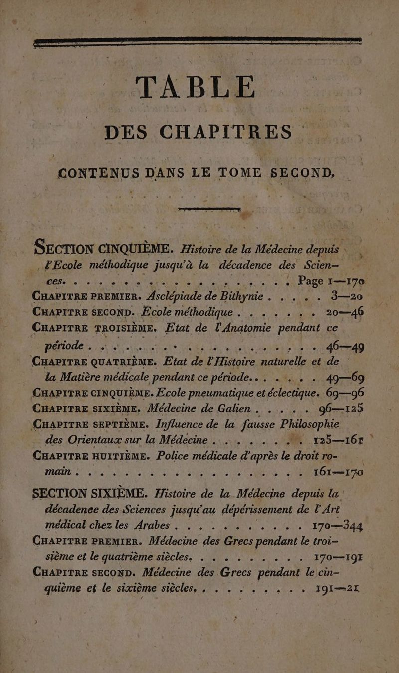 CONTENUS DANS LE TOME SECOND, SECTION CINQUIEME. Histoire de la Medecine depuis : . Ecole méthodique jusqu'à la décadence des Scien- MANS... SRE RN REN PAS ET CHAPITRE PREMIER. Asclépiade de Bithynie . . . . . 3—20 CHAPITRE SECOND. Ecole méthodique . . . . . . . 20—46 CHAPITRE TROISIÈME. Etat de l'Anatomie pendant ce ON DCS ete PR LA SE out » + + 46—49 CHAPITRE QUATRIÈME. Etat de l'Histoire naturelle et de la Matière médicale pendant ce période... - . . . 49—69 | CHAPITRE CINQUIÈME. Ecole pneumatique et éclectique. 69—96 CHAPITRE SIXIÈME. Médecine de Galien. ... . . 96—123 CHAPITRE SEPTIÈME. Influence de la fausse Philosophie des Orientaux s sur la Médecine . RP an 1 er, 123167 ! rt MOT PR VO SE TEL Deere AN 161170 SECTION SIXIEME. Histoire de la. Médecine depuis la decadence des Sciences jusqu'au dépérissement de l'Art médical chez les Arabes, ... . . ..... 170—344 CHAPITRE PREMIER. Médecine des Grecs pendant le troi- sieme et le quatrième siècles. . . . . . . . . . 170—19E CHAPITRE SECOND. Médecine des Grecs pendant le cin-