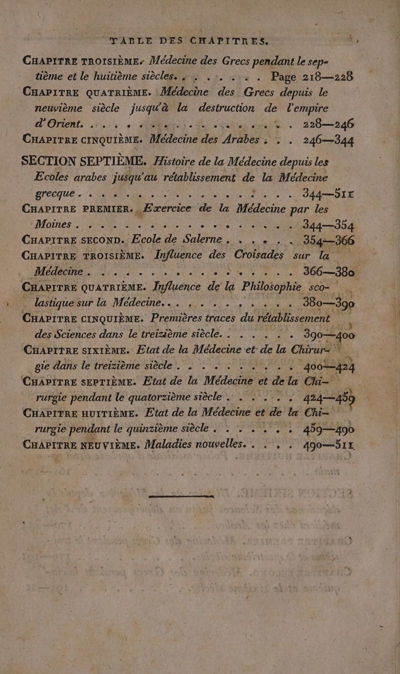 CHAPITRE TROISIÈME. Médecine des Grecs pendant le sep- tième et le huitième siècles. ; . .:. .:: . Page 218—228 CHAPITRE QUATRIEME. Médecine des Grecs depuis le _ neuvième siècle jusqu'à la destruction de l'empire d'Orient. er 0 Re ob ie 220-246 CHAPITRE CINQUIEME. Médecine des Arabes : . . 246—344 SECTION SEPTIEME. Histoire de la Médecine depuis les Ecoles arabes jusqu'au rétablissement de la Médecine grecque ‘NU PAR, ete none se ae Id E CHAPITRE PREMIER. Exercice de la Médecine par les Maine AR ER (7 De . 344—354 L CHAPITRE TROISIEME. Influence des. A sur la CHAPITRE QUATRIEME. ir de la Philosophie sco- Er lastuudsur la Médecine...) ee Yen oe en _38o—390 CHAPITRE CINQUIÈME. Premières traces du rétablissement pe des Sciences dans le treizième siècle. . . . . . . 390—400 CHAPITRE SIXIEME. Etat de la Médecine et‘ de la ‚Chirurg‘ à ‚gie dans le treizième siècle. à . . : . .. 400242} CHAPITRE SEPTIEME. Etat de la Médecine et de la Chi- rurgie pendant le quatorzième siècle . . . ... 424459 CHAPITRE HUITIÈME. Etat de la Médecine et de la Chi- rurgie pendant le quinzième siècle . . . ..... 459-490 PAPIER NEUVIÈME. Maladies nouvelles. . . . . 490—51x