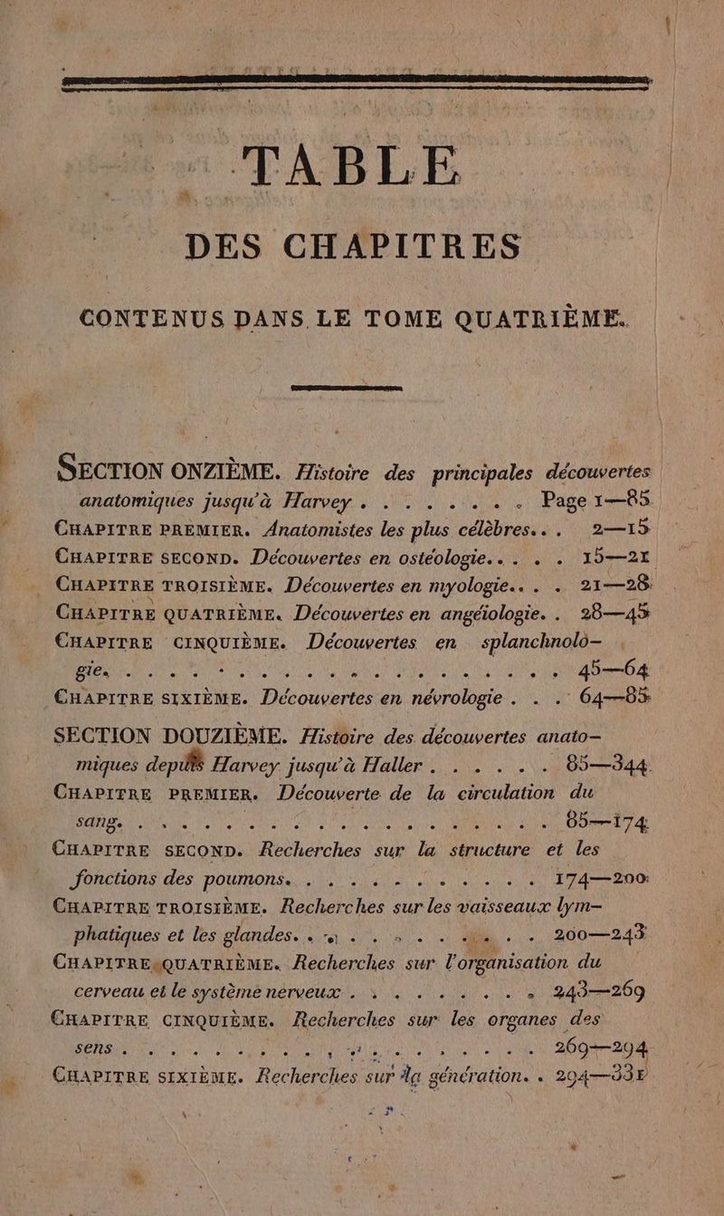 CONTENUS DANS LE TOME QUATRIEME. SECTION ONZIEME. Histoire des principales decouvertes anatomiques jusqu'à Harvey... . . . . . . Page ı—85 CHAPITRE PREMIER. Anatomistes les plus célèbres... 2—15 CHAPITRE SECOND. Découvertes en ostéologie.. . . . 15—21 CHAPITRE TROISIÈME. Découvertes en myologie.. . . 21—28; CHAPITRE QUATRIÈME. Découvertes en angéiologie. . 28—45 CHAPITRE CINQUIEME. Découvertes en splanchnolo- ge... :.....-......... 464 CHAPITRE SIXIÈME. Découvertes en névrologie . . . 64-85 SECTION DOUZIÈME. Histoire des découvertes anato— miques dep Harvey jusqu’à Haller . . . . . . 85—344. CHAPITRE PREMIER. Découverte de la circulation du LE EN PER ES Ba RATER A REC CS IS DT Cane SECOND. Röshärchen sur la structure et les ‚Jonctions des PRONS La ne . . + + 174—200 CHAPITRE TROISIÈME. Recherches sur As vaisseaux lym- phatiques et les glandes. RN a PEN 200— 243 CHAPITRE-QUATRIEME. Recherches sur l'organisation du cerveau et le système nerveux . ; . . . . . . » 243—209 CHAPITRE CINQUIÈME. Recherches sur les organes des PERS eu: STR VOR KT Ad LUN D RME 269—294 CHAPITRE SIXIÈME. RAR sur Ag génération. . 204— 037 N Lun!