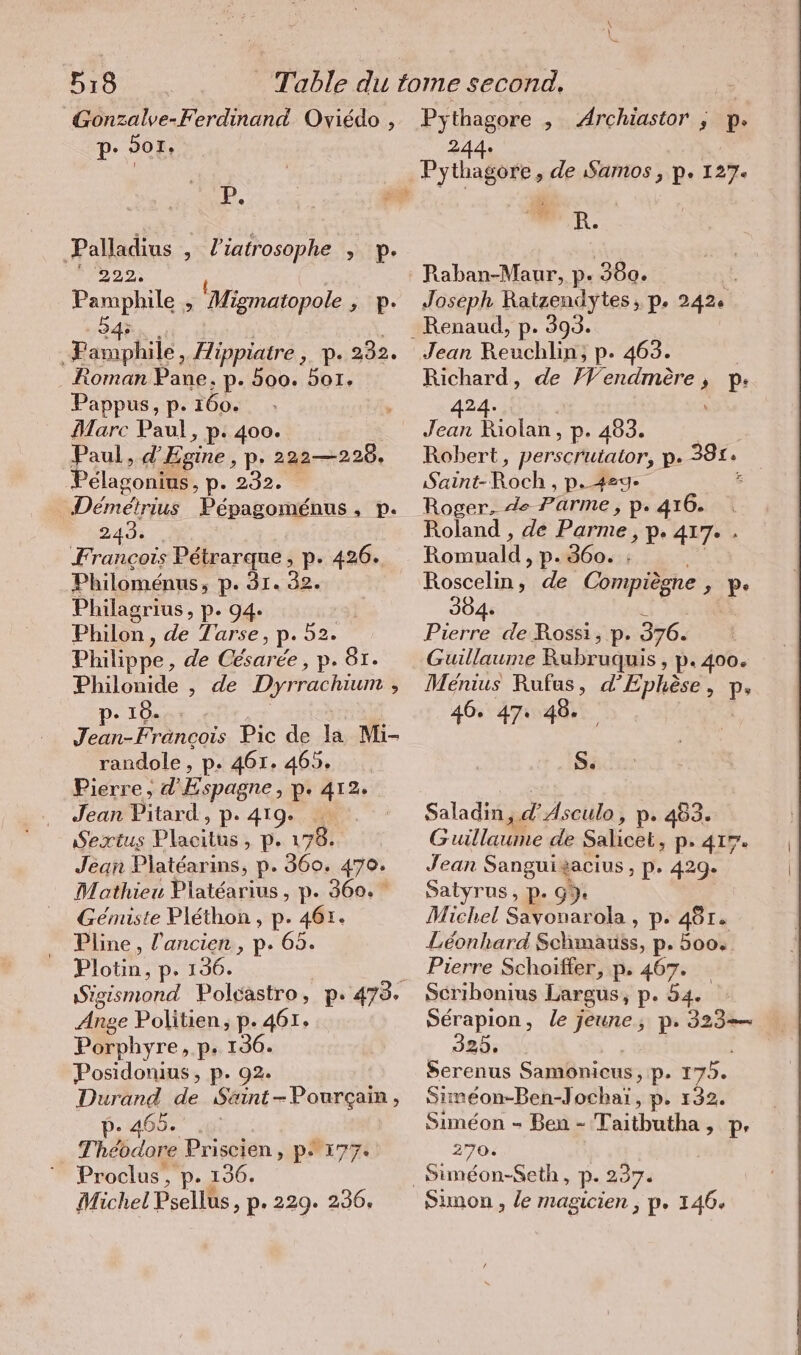 Gonzalve-Ferdinand Oviédo , P: 501: P, Palladius 4 l’iatrosophe ID. 19122» Pamphile , Migmatopole ‚pP 2 4; Famphile, Hippiatre , p. 232. Roman Pane, p. 500. 501. Pappus, p. 160. Marc Paul, p. 400. Kal, „d’Egine, p- 222—228. elagonius, p. ‘232. Démeétrius Pepagomenus, p. 249 Philomenus, p- 31. Philagrius, p. 94. Philon, de Tarse, P- 5% Philippe, de Césarée ‚p- 81. Philonide , de Dyrrachium ; innen Pic de la Mi- randole, p. 461. 465. Pierre, d'Espagne, p. 412. Jean Plan, p- 41000 | Sextus Placitus; p- 178. Jean an p. 360. 470. Mathieu Platearius, p. 360. Gemiste Plethon , p. 461. Pline, l'ancien, p. 65. Ploth; p- 136. Ange Politien, p. 461. Porphyre, p. 136. Posidonius, p. 92. Durand de Saint-Pourcain , p. 405... Théodore Priscien, pNr77. Proclus , p. 136. Michel Psellus, p. 229. 236. Pythagore , Archiastor ; p. R. Raban-Maur, p. 380. Joseph Ratzendytes; p- 242 Jean Reuchlin; p. 463. Richard, de W ner ; P: Jan RL. p- 483. Robert, perscruiator, p. EP ShinzBoch, pP. 4249. 5 Roger. de Parme, pP» 416. Roland , de Parme 3 Pe 417. . Rompald , p. 360. ; Roscelin, de Compiègne à Pe 384: Pierre de Rossi, p. 376. | Guillaume Rubruquis , p » pe 400. Menius Rufus, d’ ee P» 46. 47: 48. S. Saladin, d’Asculo, p. 483. Guillaume de Salicet, p- 417. Jean Sangui tacius P+ 429. Satyrus, p. 9). Michel Savonarola , p. 481. Leonhard Schmauis, p. 500. Pierre Schoiffer, p. 467. Scribonius Largus, p. 54. Serapion, le jeune, p. 323— 325, Serenus Samonicus, p- 175. Simeon-Ben-Jochai, p. 132. Siméon - Ben - Taitbutha &gt; Pr 270. Sinon , le magicien , p. 146.