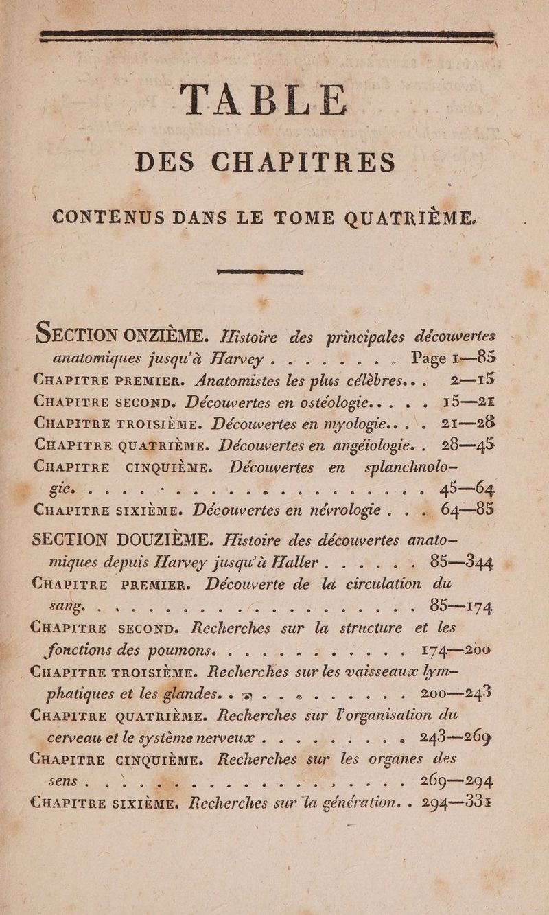 TABLE DES CHAPITRES CONTENUS DANS LE TOME QUATRIEME, HER HEC Cd SECTION ONZIEME. Histoire des principales découvertes anatomiques jusqu'à Harvey . . . . . . . . Page ı—85 CHAPITRE PREMIER. Anatomistes les plus celebres... 2—15 CHAPITRE SECOND. Découvertes en ostéologie.. . . . I9—2X CHAPITRE TROISIÈME. Découvertes en myologie.. . . 21—28 CHAPITRE QUATRIÈME. Découvertes en angéiologie. . 28—4> CHAPITRE CINQUIÈME. Découvertes en splanchnolo- Es Ti hi ns + 400 CHAPITRE SIXIÈME. Découvertes en névrologie . . . 64—65 SECTION DOUZIEME. Histoire des découvertes anato- miques depuis Harvey jusqu’à Haller. . . . . . 85—944 CHAPITRE PREMIER. Découverte de la circulation du A Hd Lo NU in pes MCE CHAPITRE SECOND. Recherches sur la structure et les fonctions des poumons. ., .. .. A... . . 174#-200 . CHAPITRE TROISIÈME. Recherches sur les vaisseaux lym- phatiques et les glandes. «mis nein 200-248 CHAPITRE QUATRIEME. Recherches sur Morgana du cerveau et le système nerveux . . . . . : . . + 243—209 CHAPITRE u à Recherches sur les organes des OURS NS de een 269—294 CHAPITRE SIXIÈME. Recherches sur la génération. . 294-338 Sy