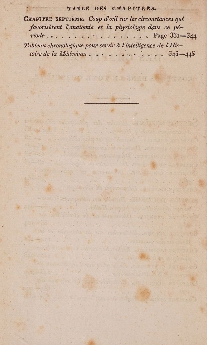 D TABLE DES CHAPITRES CHAPITRE SEPTIEME. Coup d'œil sur les circonstances qui favorisèrent l'anatomie et la physiologie dans ce pé- riode . sin on anti à AA. E:, Page (S31—344 Tableau chronologique pour servir à l'intelligence de l'His-