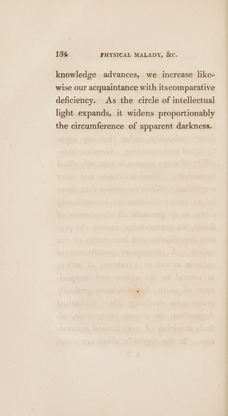 knowledge advances, we increase like- wise our acquaintance with itscomparative deficiency. As the circle of intellectual light expands, it widens proportionably the circumference of apparent darkness.