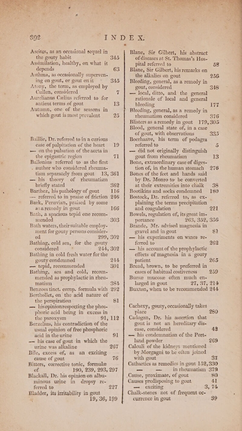 iy Ascites, as an occasional sequel in the gouty habit 345 Assimilation, healthy, on what it depends 63 Asthma, as occasionally swperven- ing on gout, or goutonit * 345 Atony, the term, as sale Ne by Cullen, considered 4 Aurelianus Czelius referred to for antient terms of gout 13 Autumn, one of the seasons in which gout is most prevalent 25 Baillie, Dr. referred to in a curious case of palpitation of the heart 19 ~~ on the pulsation of the aorta in the epigastric region ii Bailonius referred to as the first . author who considered rheuma- tism separately from gout 13, 361 -—— his theory of rheumatism briefly stated 362 Barthez, his pathology of gout 116 — referred to in praise of friction 246 Bark, Peruvian, praised by some as aremedy in gout 166 Bath, a spacious tepid one recom- mended 303 Bath waters, their suitable employ- ment for gouty persons consider- ed 299, 302 Bathing, cold sea, for the gouty considered ? 244, 302 Bathing in cold fresh water for the gouty condemned 244 — tepid, recommended 301 Bathing, sea and cold, recom- mended as prophylactic in rheu- Benzoes tinct. comp. formula with 292 Berthollet, on’ the acid nature of the perspiration $1 ~~ hisopinionrespecting the phos- phoric acid being in excess in the paroxysm 91; 112 Berzelius, his contradiction of the usual opinion of free phosphoric acid in the urine 91 «— his case of gout in which the urine was alkaline 267 Bile, excess of, as an exciting cause of gout 76 itters, corrective tonic, formule of 190, 239, 293, 297 Blackall, Dr. his opinion on albu- minous urine in dropsy re- ferred to a2t Bladder, its irritability in gout 19, 36, 199 \ EX: Blane, Sir Gilbert, his abstract of diseases at St. Thomas’s Hos- pital referred to 58 Blane, Sir Gilbert, his remarks on the alkalies on gout 256 Bleeding, general, as a remedy in gout, considered 348 — local, ditto, and the general rationale of local and general bleeding 17% Bleeding, general, as a remedy in rheumatism considered 376 Blood, general state of, in a case of gout, with observations bata) Boerhaave, his term of podagra referred to 5 — did not originally distinguish gout from rheumatism 13 Bone, extraordinary case of diges- tion of, in the human stomach 276 Bones of the feet and hands said by Dr. Monro to- be canverted at their extremities into chalk 38 Bootikins and socks condemned 180 Bostock, Dr. referred to, as ex- | plaining the terms precipitation and coagulation 221 Bowels, regulation of, its great im- portance 263, 352, 356 Brande, Mr. advised magnesia in gravel and in gout St -—— his experiments on wines re- ferred to 262 — his account of the prophylactic effects of magnesia in a gouty patient 265 Bread, brown, to be preferred in cases of habitual costiveness 259 Burse mucose often much en- larged in gout 27, 37, 214 Buxton, when to be recommended 244 Cachexy, gouty, occasionally takes place 280 Cadogan, Dr. his assertion that gout is not an hereditary dis- ease, considered 42 »— his condemnation of the Port- land powder 269 Calculi of the kidneys mentioned by Morgagni to be often joined with gout 3% Cathartics as remedies in gout 152,330 in rheumatism 379 Causes predisposing to gout 41 — exciting 3, 74 Chalk-stones not of frequent oc- currence in gout a ee ee ee ae a TY f. sere