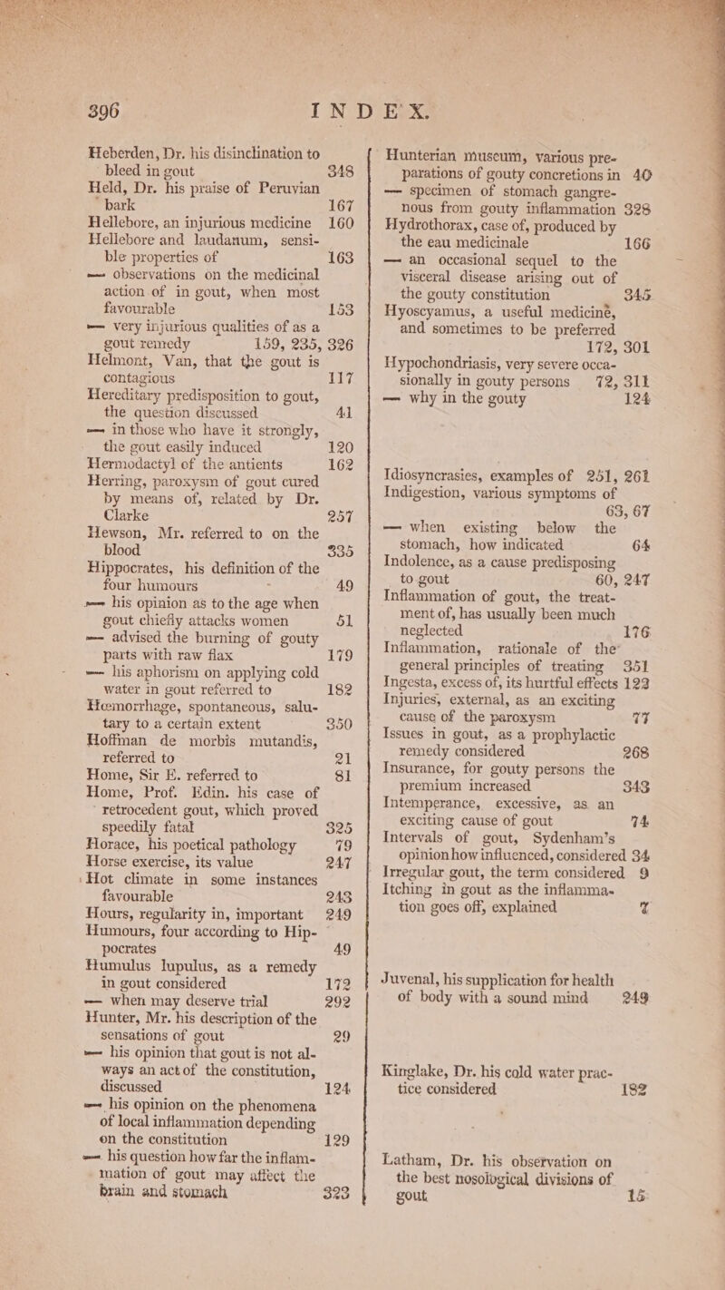 Heberden, Dy. his disinclination to bleed in gout 348 Held, Dr. his praise of Peruvian bark 167 Hellebore, an injurious medicine 160 Hellebore and laudanum, sensi- ble properties of 163 — observations on the medicinal action of in gout, when most favourable 153 — very injurious qualities of as a gout remedy 159, 235, 326 Helmont, Van, that the gout is contagious 117 Hereditary predisposition to gout, the question discussed 4d ——- in those who have it strongly, the gout easily induced 120 Hermodactyl of the antients 162 Herring, paroxysm of gout cured by means of, related by Dr. Clarke 257 Hewson, Mr. referred to on the blood 335 Hippocrates, his definition of the four humours ; - 49 »— his opinion as to the age when gout chiefly attacks women 51 —- advised the burning of gouty parts with raw flax 179 —- his aphorism on applying cold water in gout referred to 182 Hemorrhage, spontaneous, salu- tary to a certain extent 350 Hoffman de morbis mutandis, referred to 21 Home, Sir E. referred to red Home, Prof. Edin. his case of ‘ retrocedent gout, which proved speedily fatal 325 Horace, his poetical pathology 79 Horse exercise, its value 247 ‘Hot climate in some instances favourable 243 Hours, regularity in, important 249 Humours, four according to Hip- © pocrates 49 Humulus lupulus, as a remedy in gout considered 172 — when may deserve trial 292 Hunter, Mr. his description of the sensations of gout 29 = his opinion that gout is not al- ways an actof the constitution, discussed 124 =~ his opinion on the phenomena of local inflammation depending on the constitution 129 =. his question how far the inflam- tation of gout may affect the brain and stomach 320 Hunterian museum, various pre- parations of gouty concretions in 406 —— specimen of stomach gangre- nous from gouty inflammation 328 Hydrothorax, case of, produced by the eau medicinale 166 — an occasional sequel to the visceral disease arising out of the gouty constitution 345 Hyoscyamus, a useful medicine, and sometimes to be preferred 172, SOL Hypochondriasis, very severe occa- sionally in gouty persons 172, 311 — why in the gouty 124 Idiosynerasies, examples of 251, 262 Indigestion, various symptoms of 63, 67 — when existing below the stomach, how indicated 64 Indolence, as a cause predisposing to gout 60, 247 Inflammation of gout, the treat- ment of, has usually been much neglected 176 Inflammation, rationale of the general principles of treating 351] Ingesta, excess of, its hurtful effects 123 Injuries, external, as an exciting cause of the paroxysm wi Issues in gout, as a prophylactic remedy considered 268 Insurance, for gouty persons the premium increased 343 Intemperance, excessive, as. an exciting cause of gout 74. Intervals of gout, Sydenham’s opinion how influenced, considered 34 Itching in gout as the infamma- Juvenal, his supplication for health of body witha sound mind 249 Kinglake, Dr. his cald water prac- tice considered 182 Latham, Dr. his observation on the best nosological divisions of gout. 1S a ee eS” Pee ee etd Is ee wn tn tad
