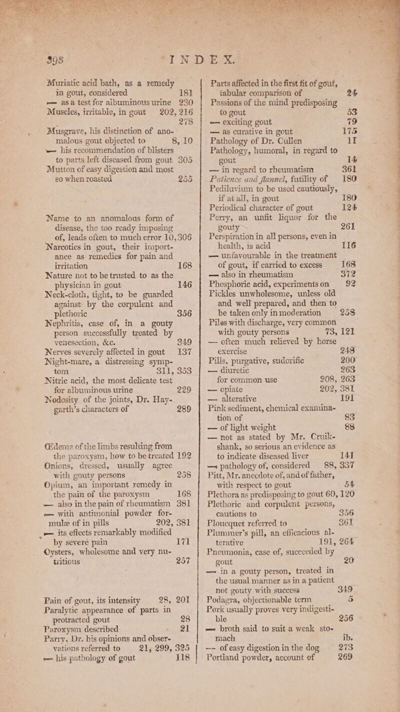 Muriatic acid bath, as a remedy in gout, considered 18} re asa test for alouminous urine 230 Muscles, irritable, in gout 202, 216 CaN 278 Musgrave, his distinction of ano- malous gout objected to w~ his recommendation of blisters to parts left diseased from gout 305 Mutton of easy digestion and most so when roasted 255 Name to an anomalous form of disease, the too ready imposing of, leads often to much error 10,306 Narcotics in gout, their import- ance as remedies for pain and irritation 168 Nature not to be trusted to as the physician in gout 146 Neck-cloth, tight, to be guarded against by the corpulent and plethoric 356 Nephritis, case of, in a gouty person successfully treated by venesection, &c. ' 349 Nerves severely affected in gout 137 Night-mare, a distressing symp- tom 311, 353 Nitric acid, the most delicate test for albuminous urine 229 Nodosity of the joints, Dr. Hay- garth’s characters of 289 (deme of the limbs resulting from _ the paroxysm, how to be treated 192 Onions, dressed, usually agree with gouty persons 258 Opium, an important remedy in the pain of the paroxysm 168 — also in the pain of rheumatism 381 w= With antimonial powder for- mule of in pills 202, 381 _»— its effects remarkably modified by severe pain 171 Oysters, wholesome and very nu- tritious 257 Pain of gout, its intensity 28, 201 Paralytic appearance of parts in protracted gout 28 Paroxysm. described inst Parry, Dr. his opinions and obser- vations referred to 21; 299, 325 men his pathology of gout 118 Parts affected in the first fit of gout, | tabular comparison of 24 Passions of the mind predisposing to gout ~— exciting gout 79 — as curative in gout 175 Pathology of Dr. Cullen it Pathology, humoral, in regard to gout 14 —- in regard to rheumatism 361 Patience and flannel, futility of 180 Pediluvium to be used cautiously, if at all, m gout 180 Periodical character of gout 124 Perry, an unfit liquor for the gouty 261 Perspiration in all persons, even in health, 1s acid 116 — unfavourable in the treatment of gout, if carried to excess 168 — also in rheumatism 372 Phosphoric acid, experimentson 92 Pickles unwholesome, unless old and well prepared, and then to be taken only in moderation 253 Piles with discharge, very common with gouty persons 73, 121 — often much relieved by horse exercise 2° Pilis, purgative, sudorific 200 — diuretic 263 for common use 208, 263 —— opiate 202, 381 — alterative 19k Pink sediment, chemical examina- tion of 83 —— of light weight 88 — not as stated by Mr. Cruik- shank, so serious an evidence as to indicate diseased liver {41 —+ pathology of, considered 88, 337 Pitt, Mr. anecdote of, and of father, with respect to gout 54 Plethora as predisposing to gout 60, 120 Plethoric and corpulent persons, cautions to 356 Ploucquet referred to 361 Plummer’s pill, an efficacious al- terative 191, 264 Pneumonia, case of, succceded by gout 20 —~ in a gouty person, treated in the usual manner as in a patient not gouty with success 349 Podagra, objectionable term 5 Pork usually proves very indigesti- ble 256 = broth said to suit a weak sto- mach ibe — of easy digestion in the dog 273 Portland powder, account of 269