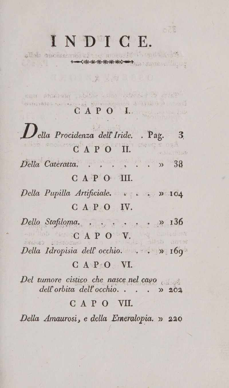 INDICE. n Im TO D ella Procidenza dell Iride: A Pag. 3 a CETTE I a Della Catératta; RAR e a C ASP O: III Della Pupilla Artificiale. +; »:104 CAPO IV. Dello re. ee i a 180 I ‘C AP o v. 0 Della iena dell dea N d5 È i 169 7 G AcP:0. VI Del tumore cistico che nasce nel capo &gt; dell'orbita dell'occhio. . . . » 202 CAPO VIL Della Amaurosi, e della Imeralopia. » 220